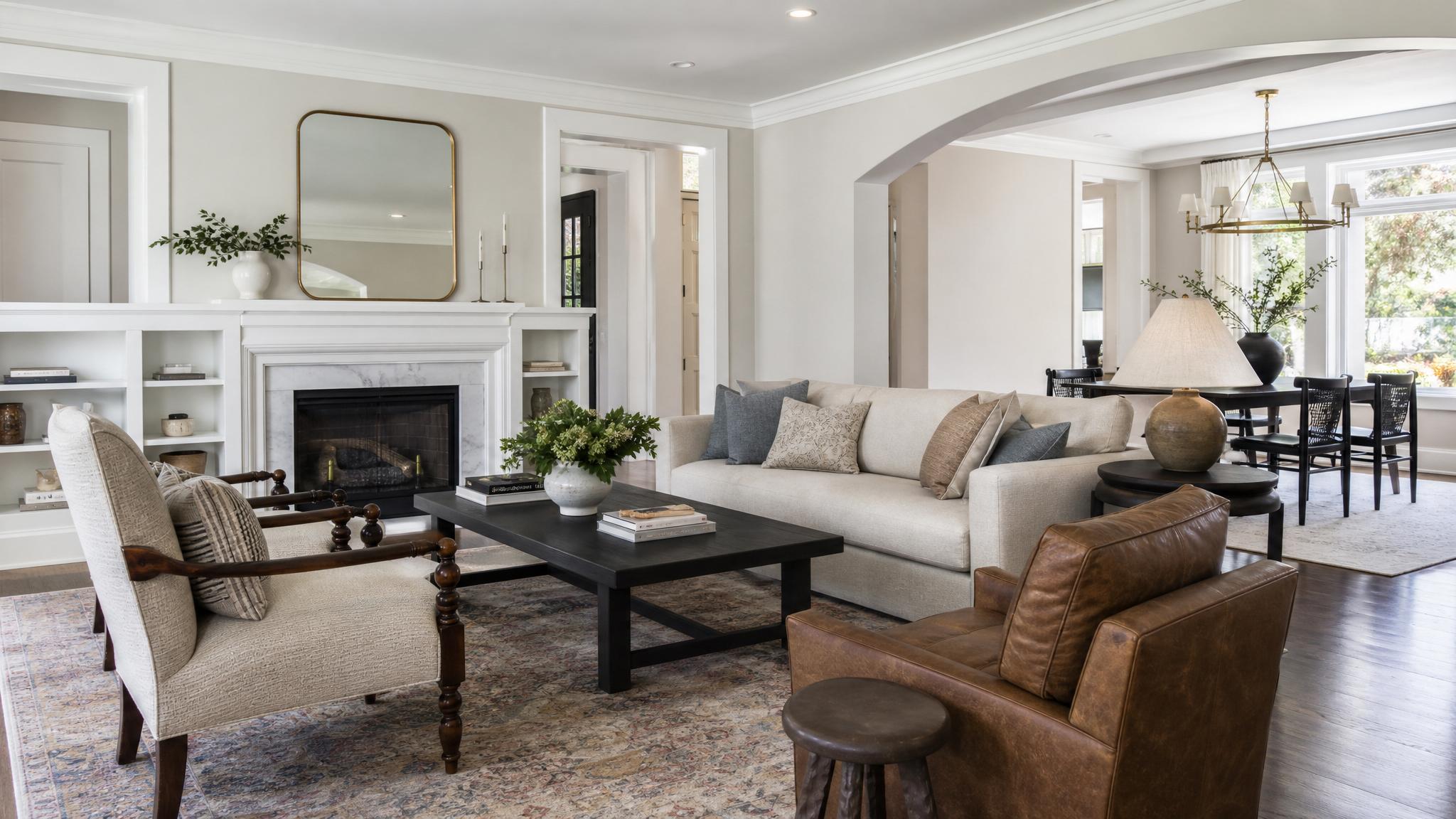 A mix of traditional and modern furniture in a transitional living room.