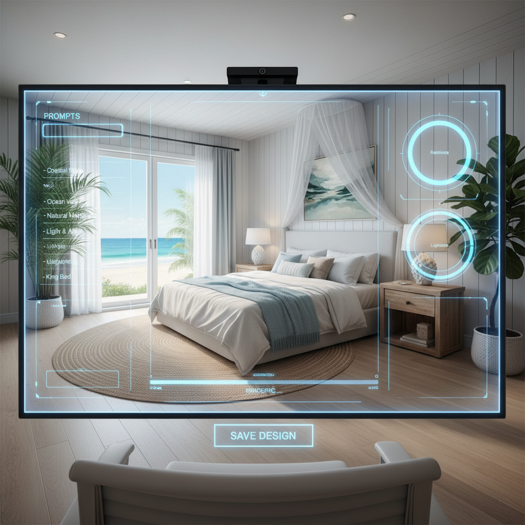 AI interface showcasing a coastal bedroom design based on user prompts.