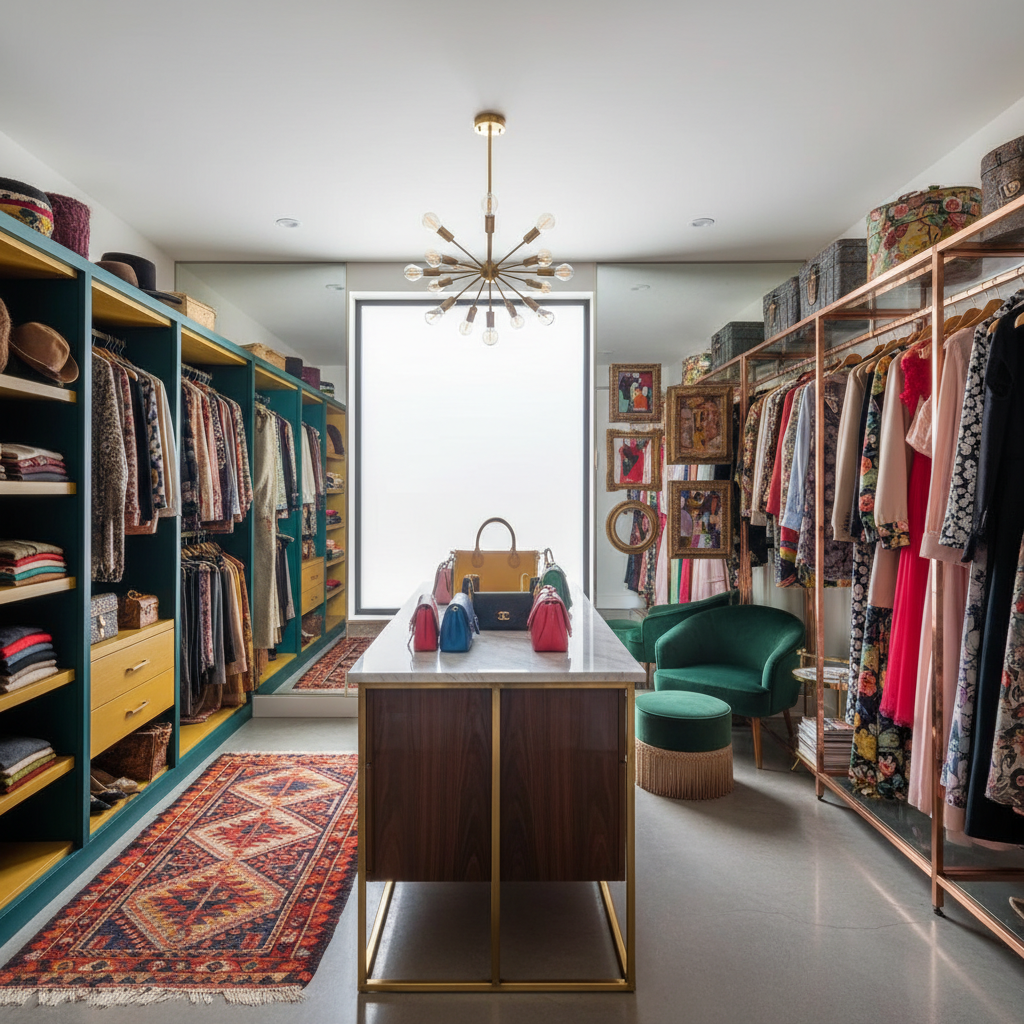 Eclectic walk-in closet showcasing diverse colors and styles