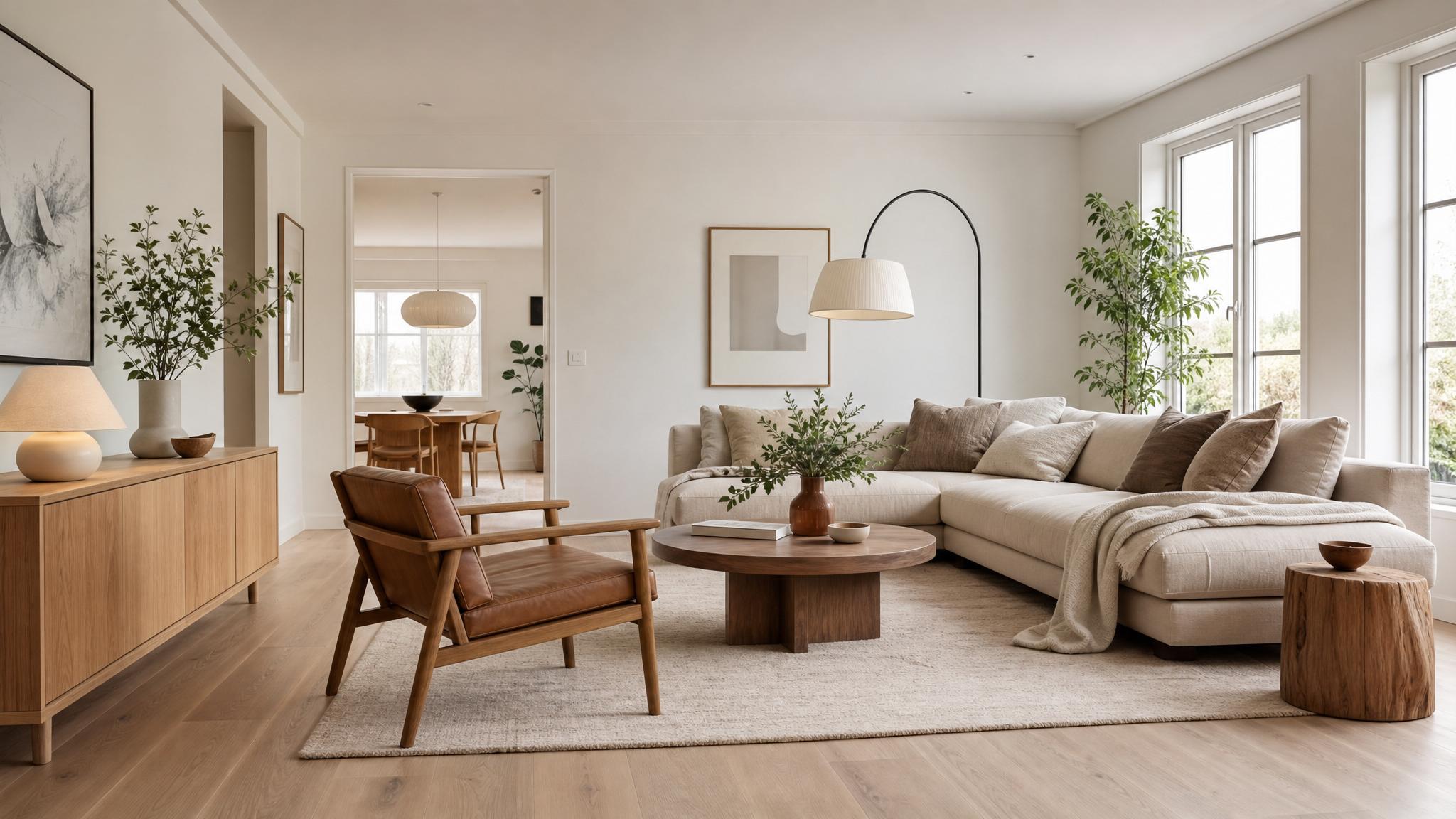 A beautifully styled Nordic living room with light wood floors and minimalistic furniture.