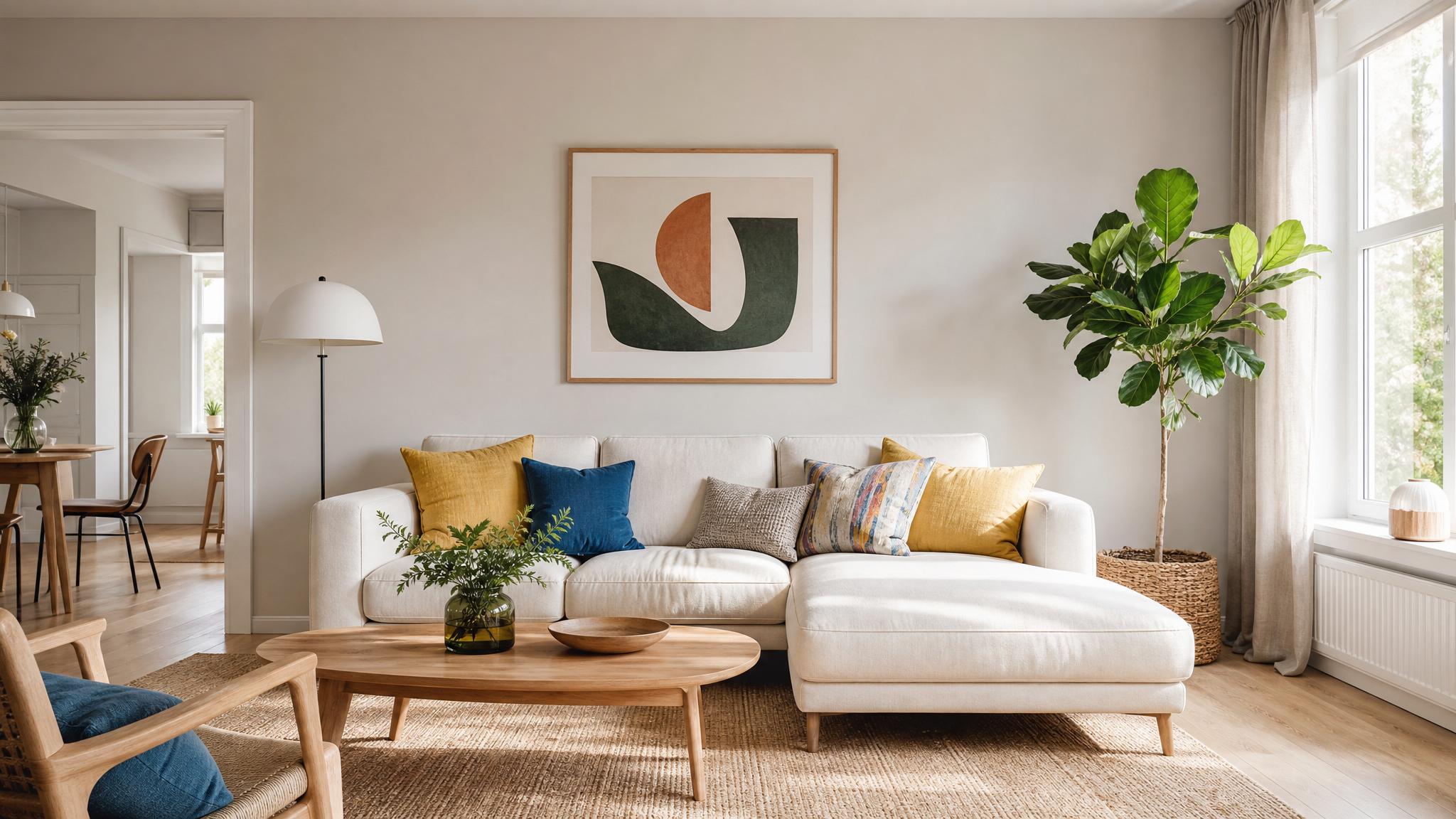 A neutral-toned Nordic living room with colorful cushions and wall art.