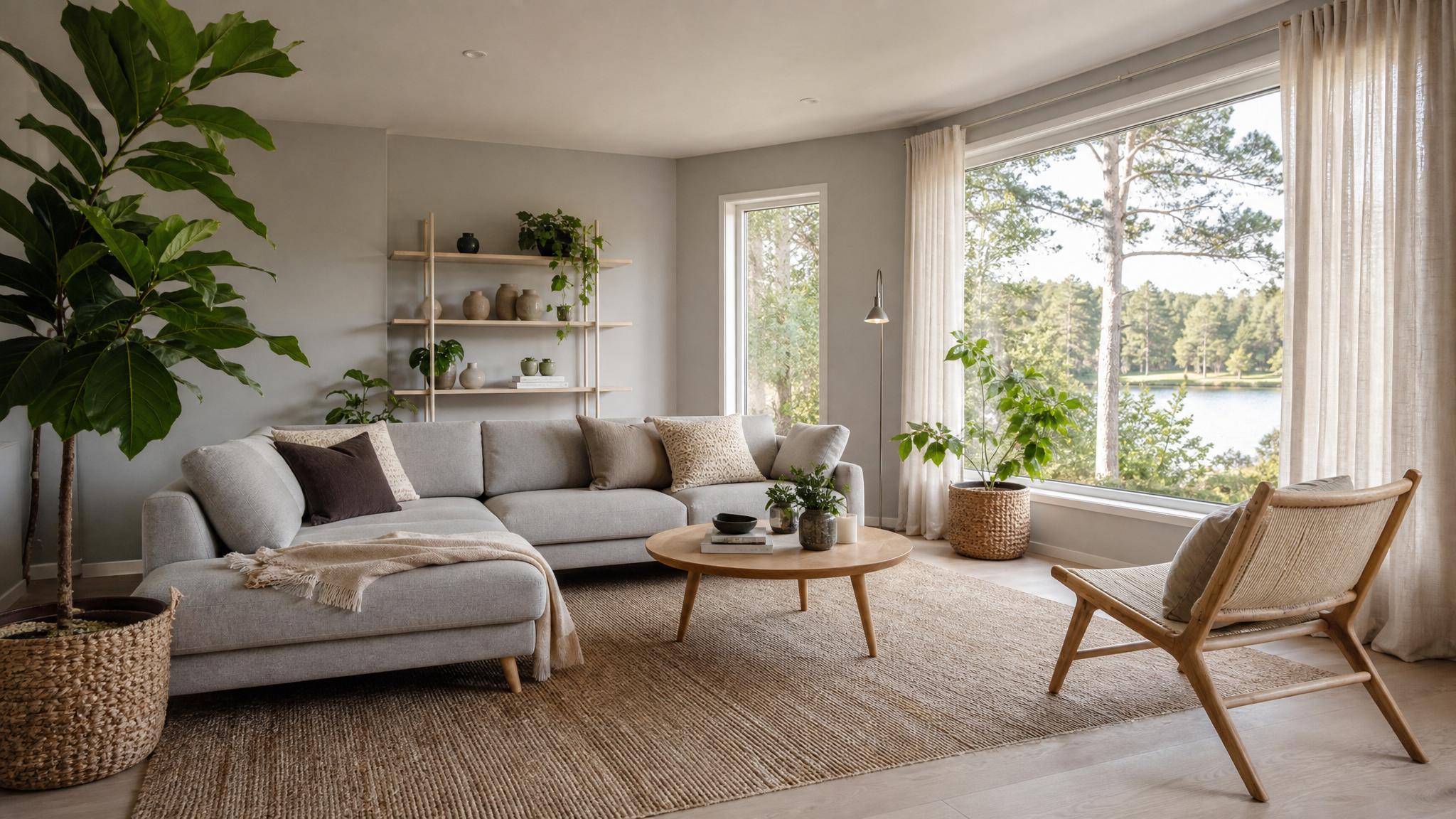 A Nordic living room featuring several potted plants and a cozy seating arrangement.