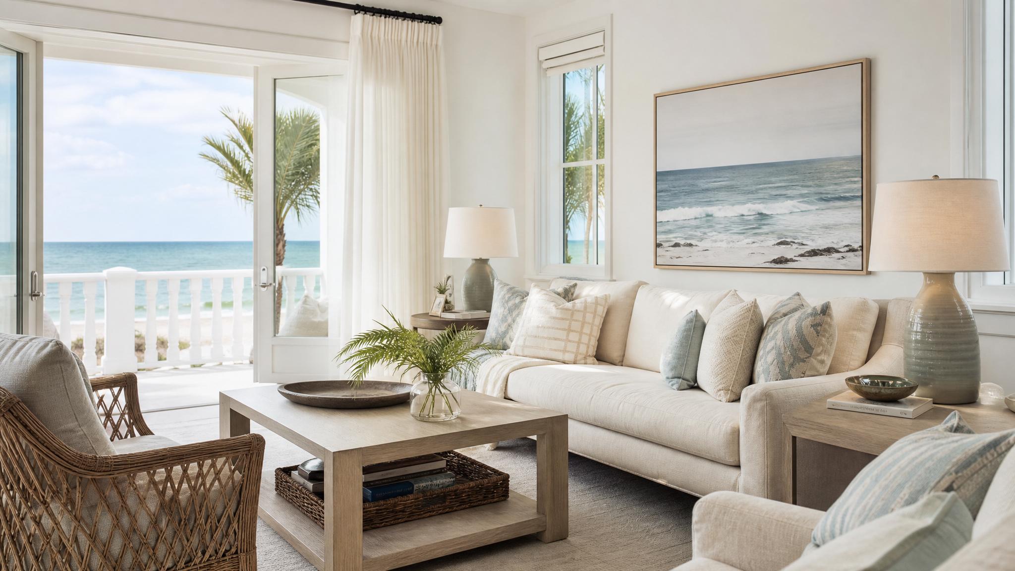 Image of a small coastal luxury living room with light colors and elegant furnishings.