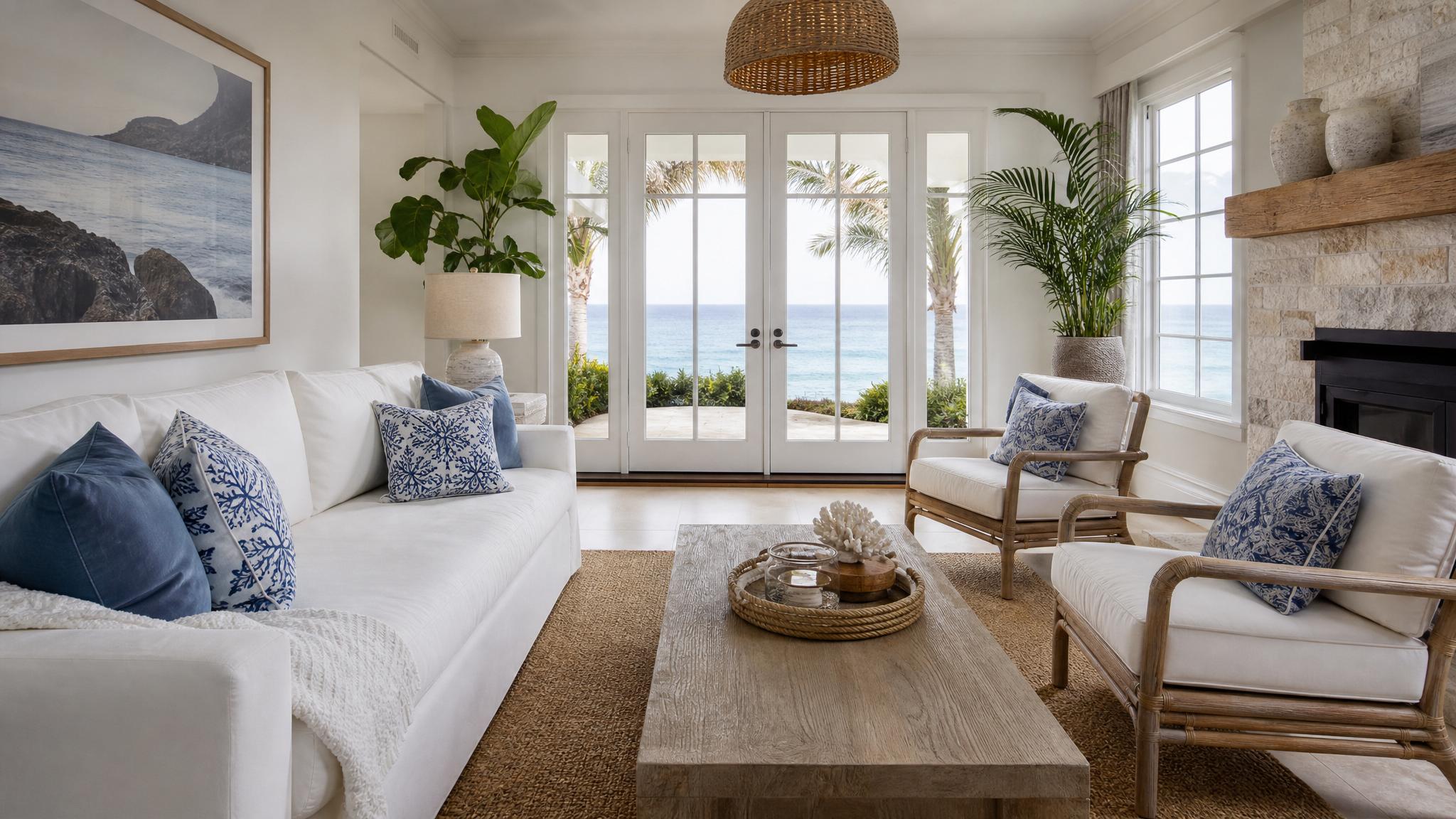 Image of luxurious coast-themed furniture arranged elegantly in a small living room.