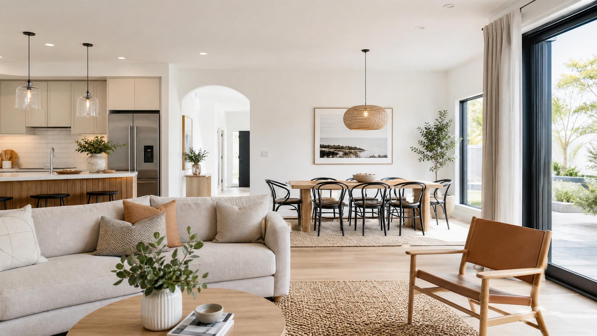 A beautifully staged minimalist open-plan living room with neutral colors