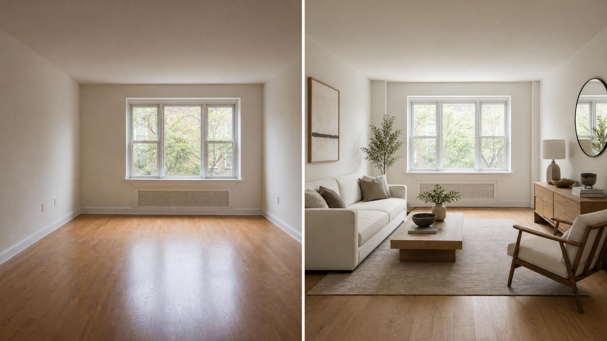 Before and after comparison of a living room virtually staged in minimalist style