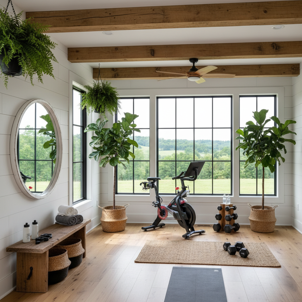 A stylish farmhouse home gym featuring wooden accents, large windows, and greenery.