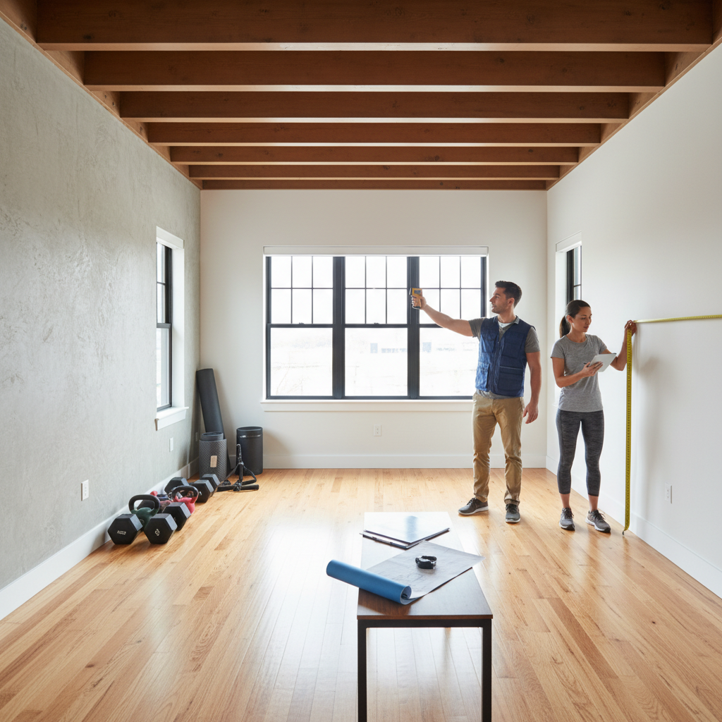 Measuring the dimensions of a room for a home gym.