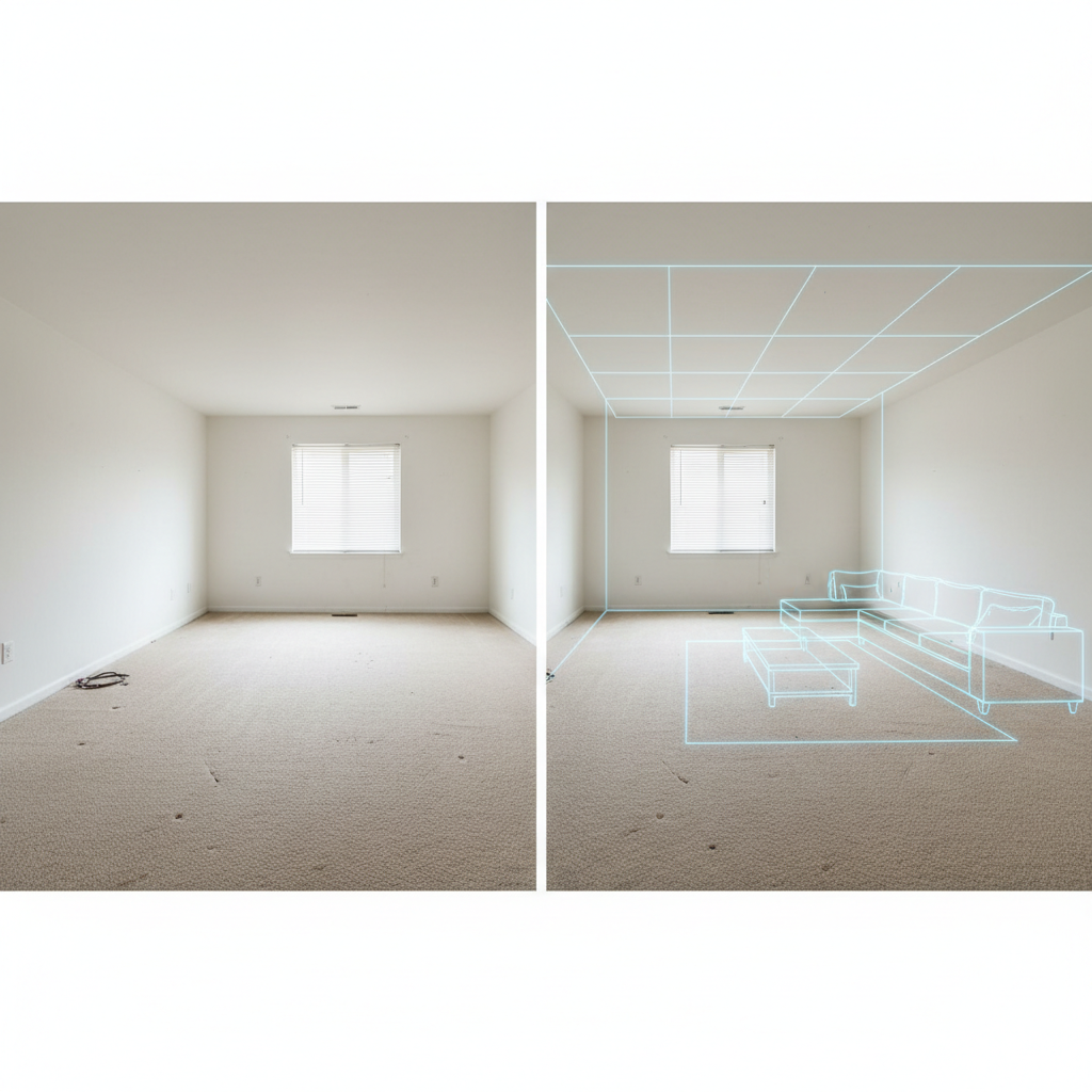 Before and after virtual staging images demonstrating space optimization.