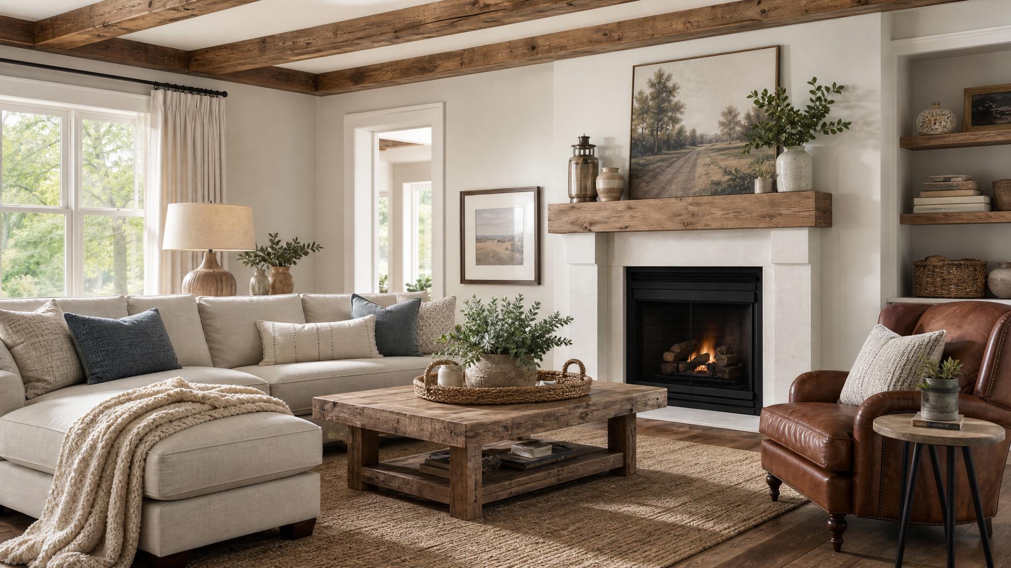 Cozy farmhouse living room styling example