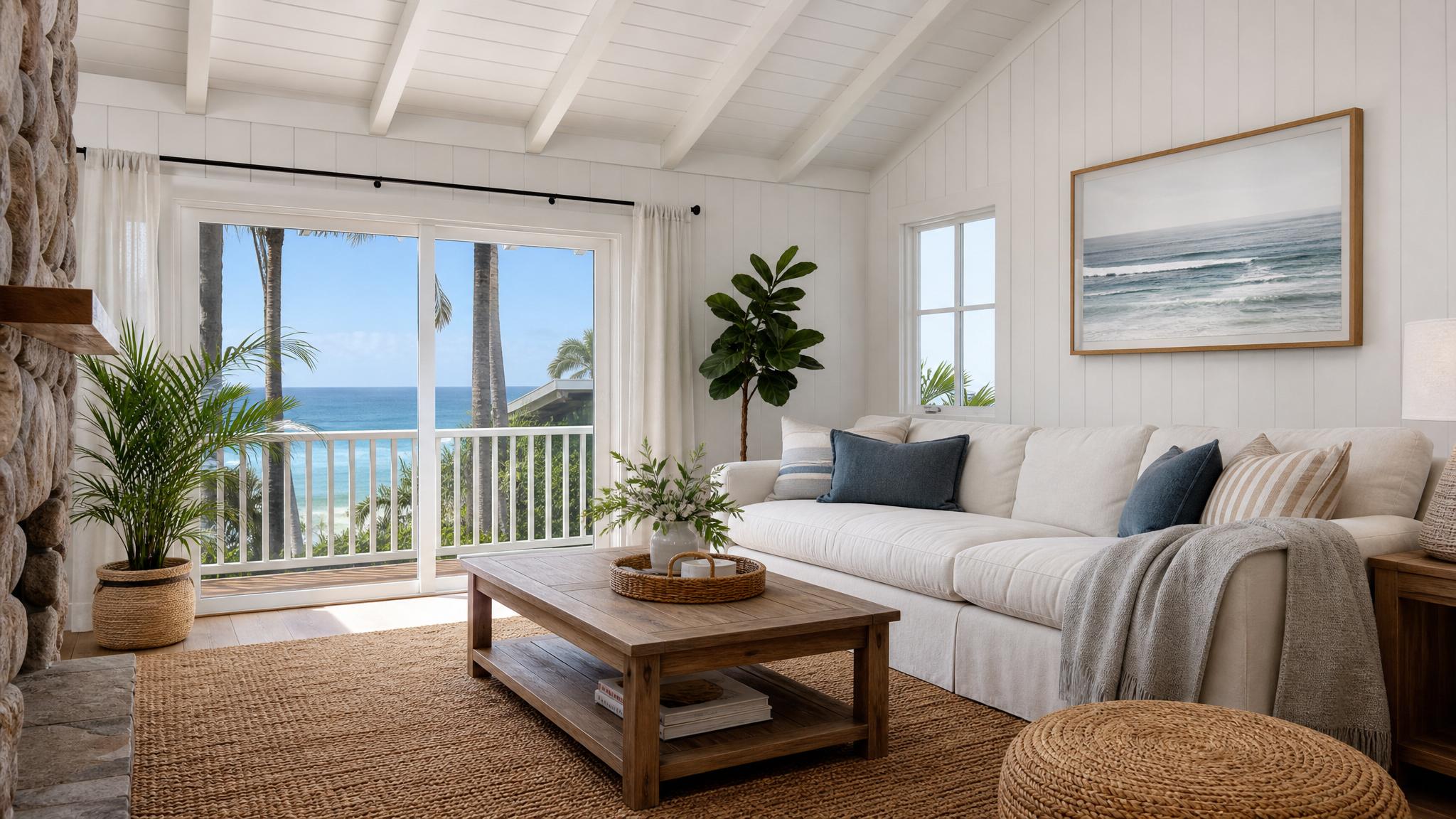 A small coastal living room with natural light and beach-inspired decor.