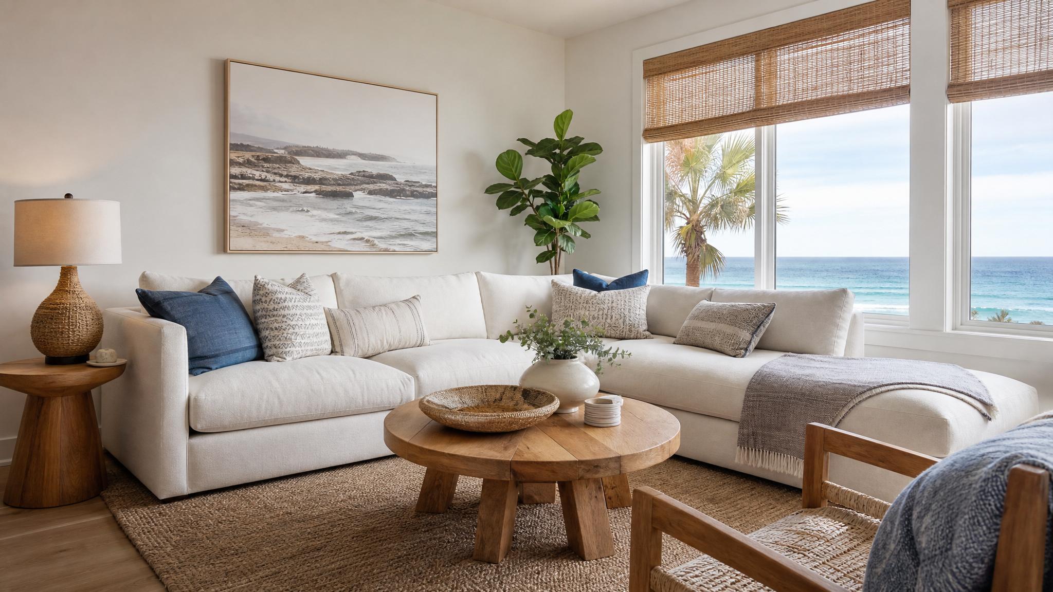 A corner sofa layout in a small coastal living room.