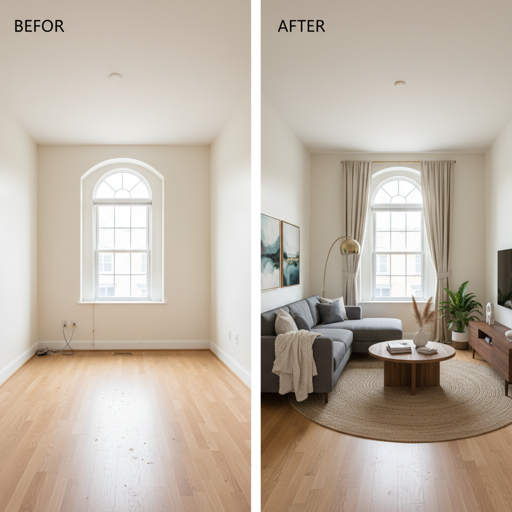 Before and after staging with virtual tools.