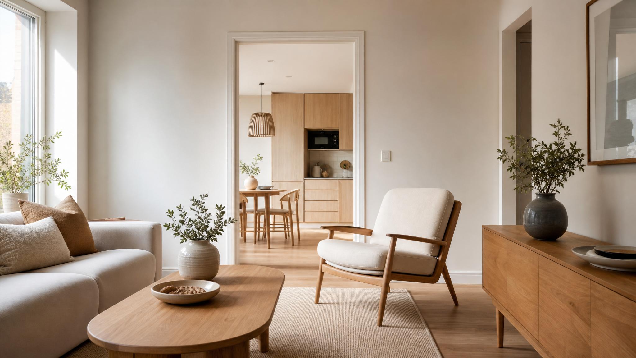 Small living room showcasing warm minimalism with soft textures and neutral colors.