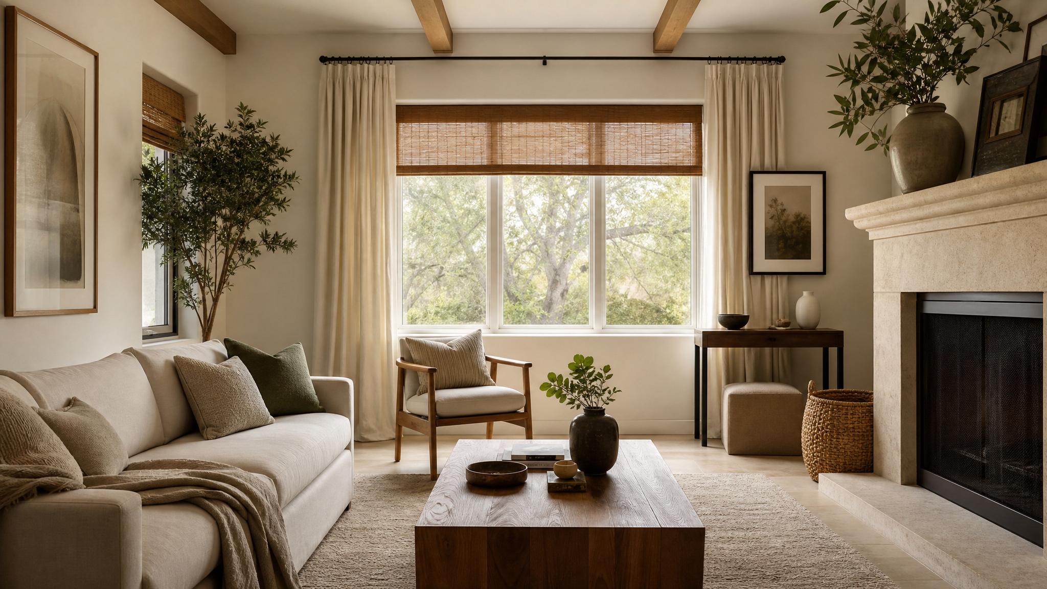Small living room with earthy tones, textured textiles, and minimalist decor.