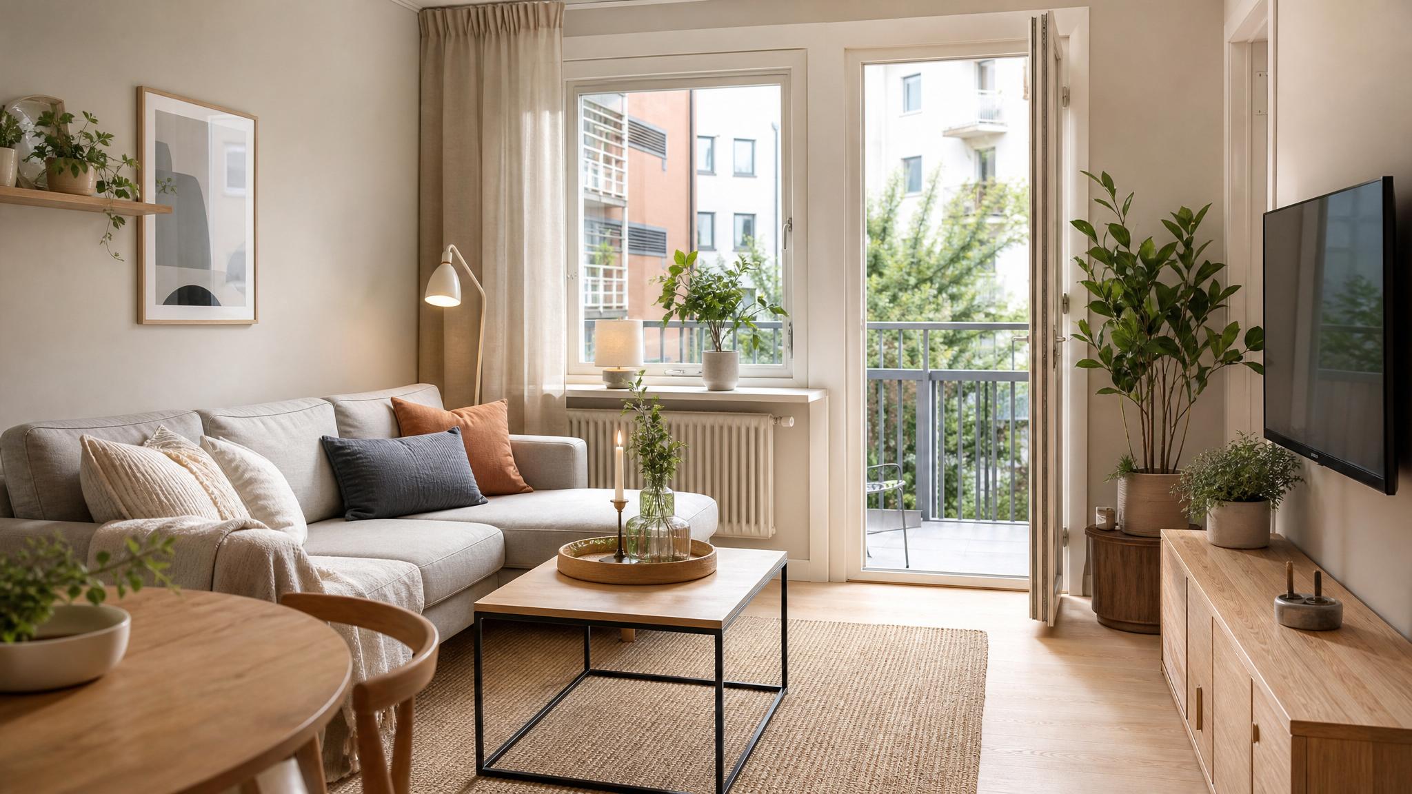 A cozy Scandinavian-themed small living room with functional furniture and textiles.