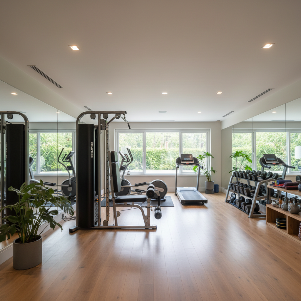 Home gym with wide-angle perspective