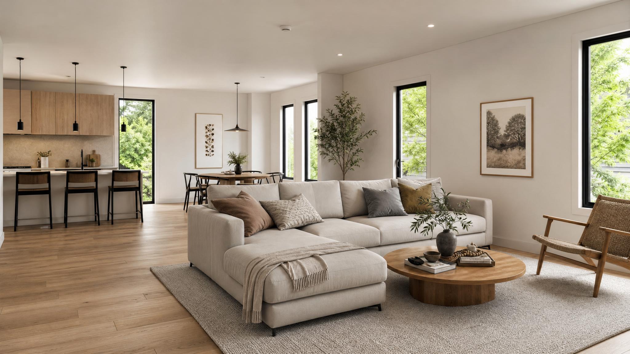 A serene open-plan living room with minimalist decor