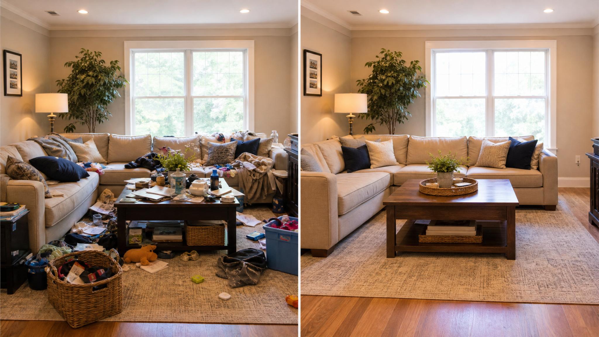 Before and after images showcasing decluttering in a living room