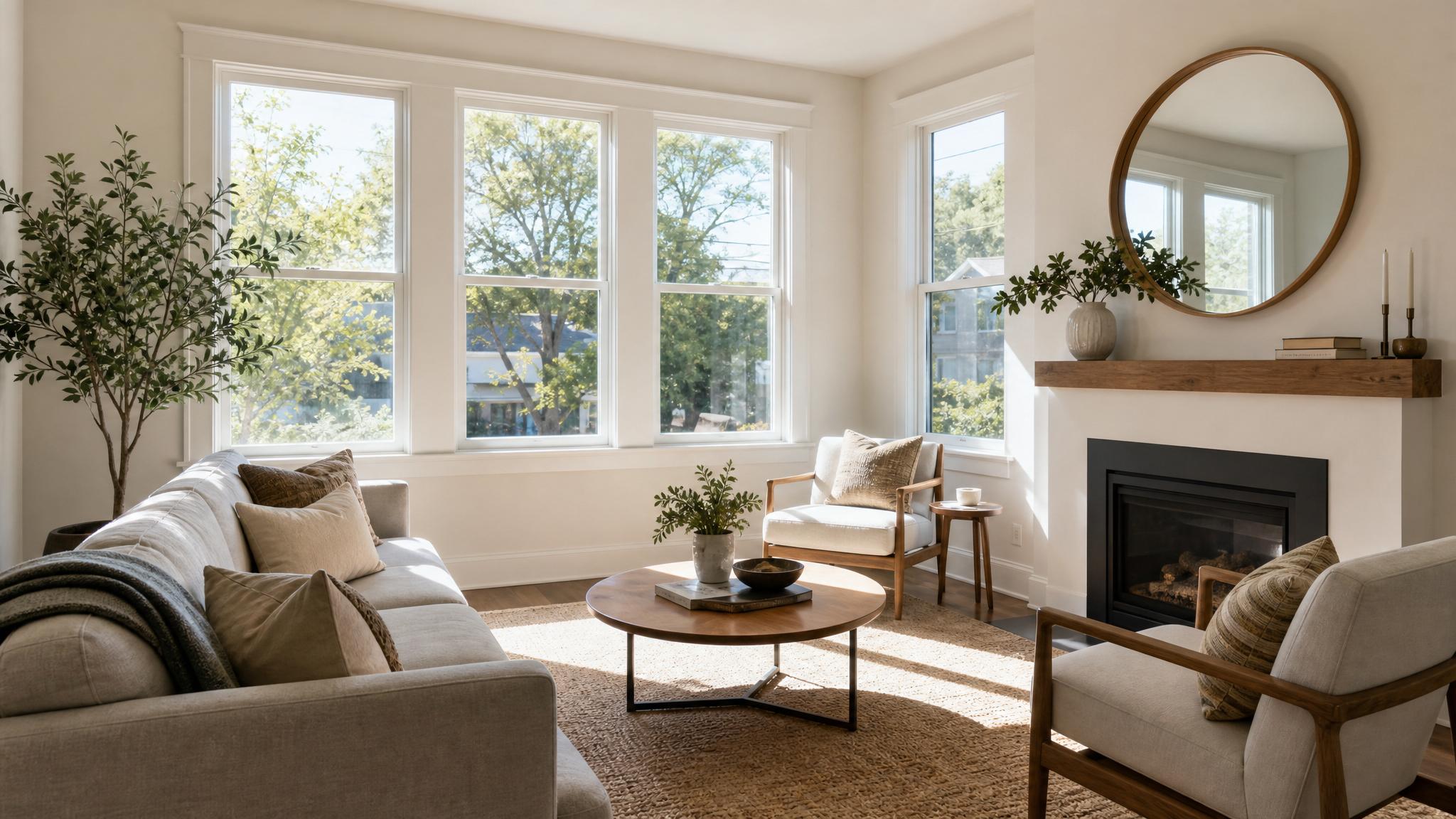 Image of a small living room with natural sunlight streaming in through the windows.