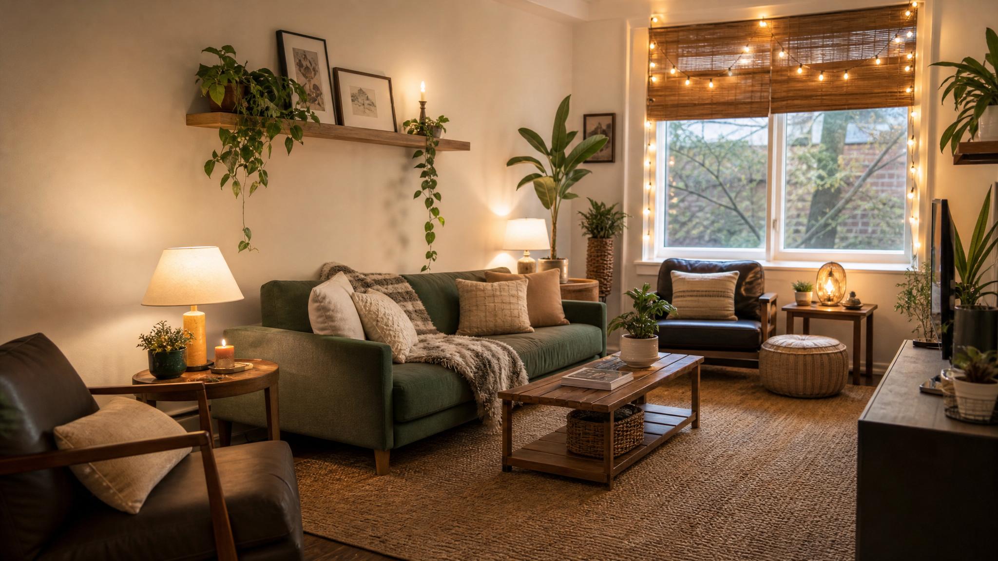 A small living room creatively lit with various light sources: softbox, table lamps, and fairy lights.