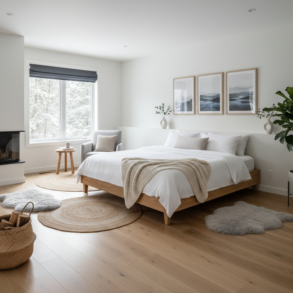 A beautifully designed Nordic master bedroom showcasing simplicity and elegance