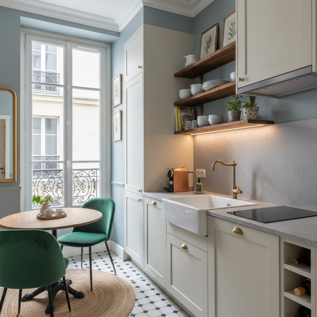 Image of a stylish Parisian small kitchen with elegant decor and functional furniture.