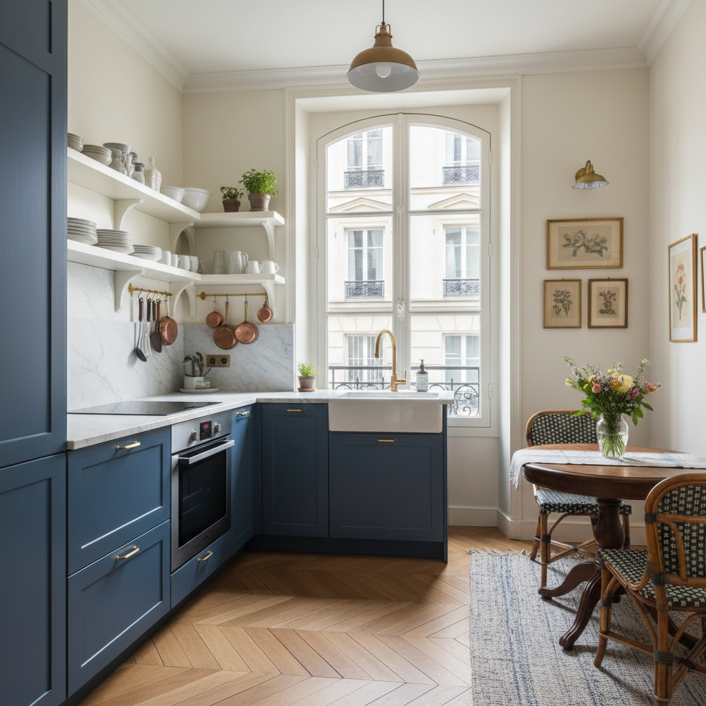 Mockup of AI-generated layout for a Parisian small kitchen with a cozy interior.