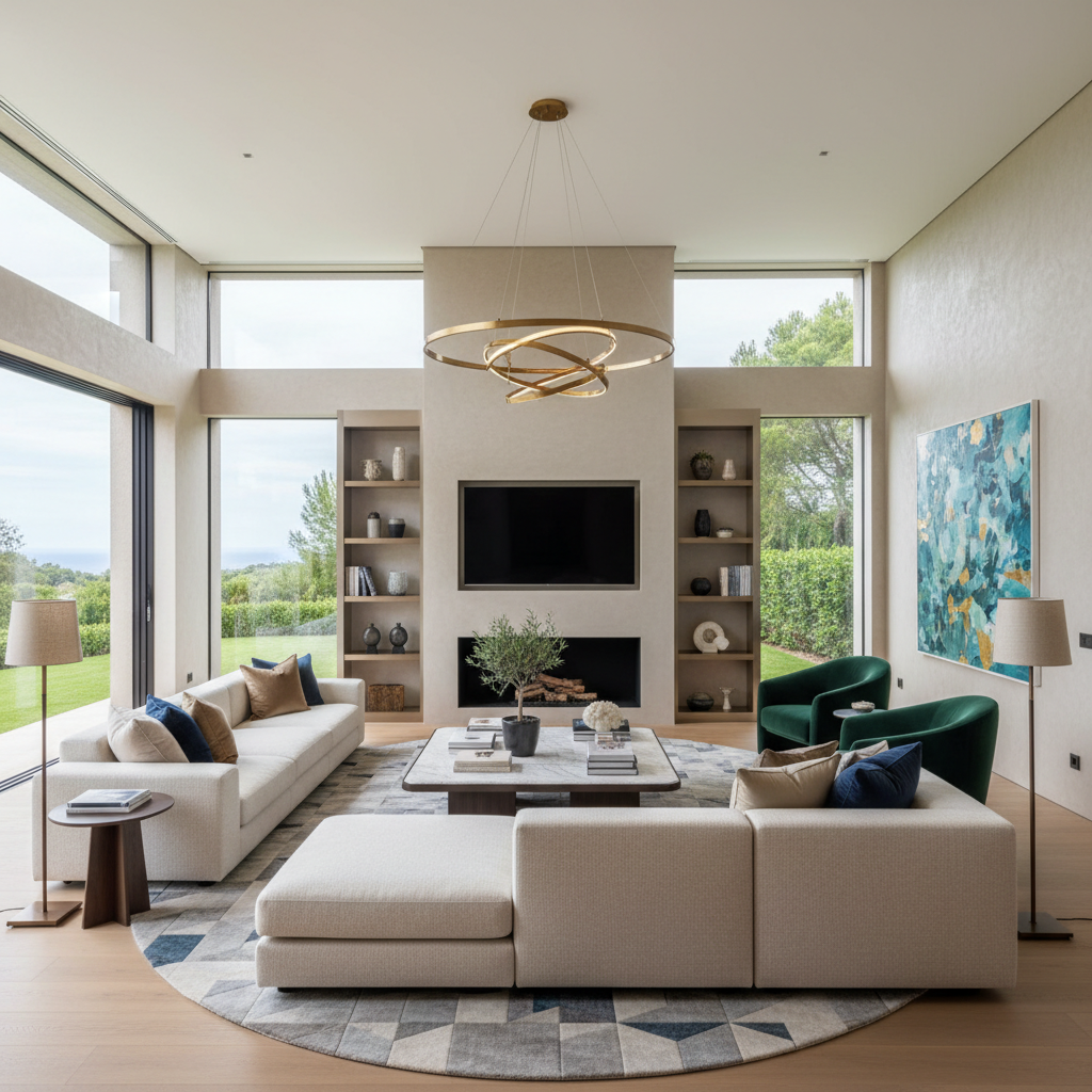 Luxurious villa living room staged with modern furniture