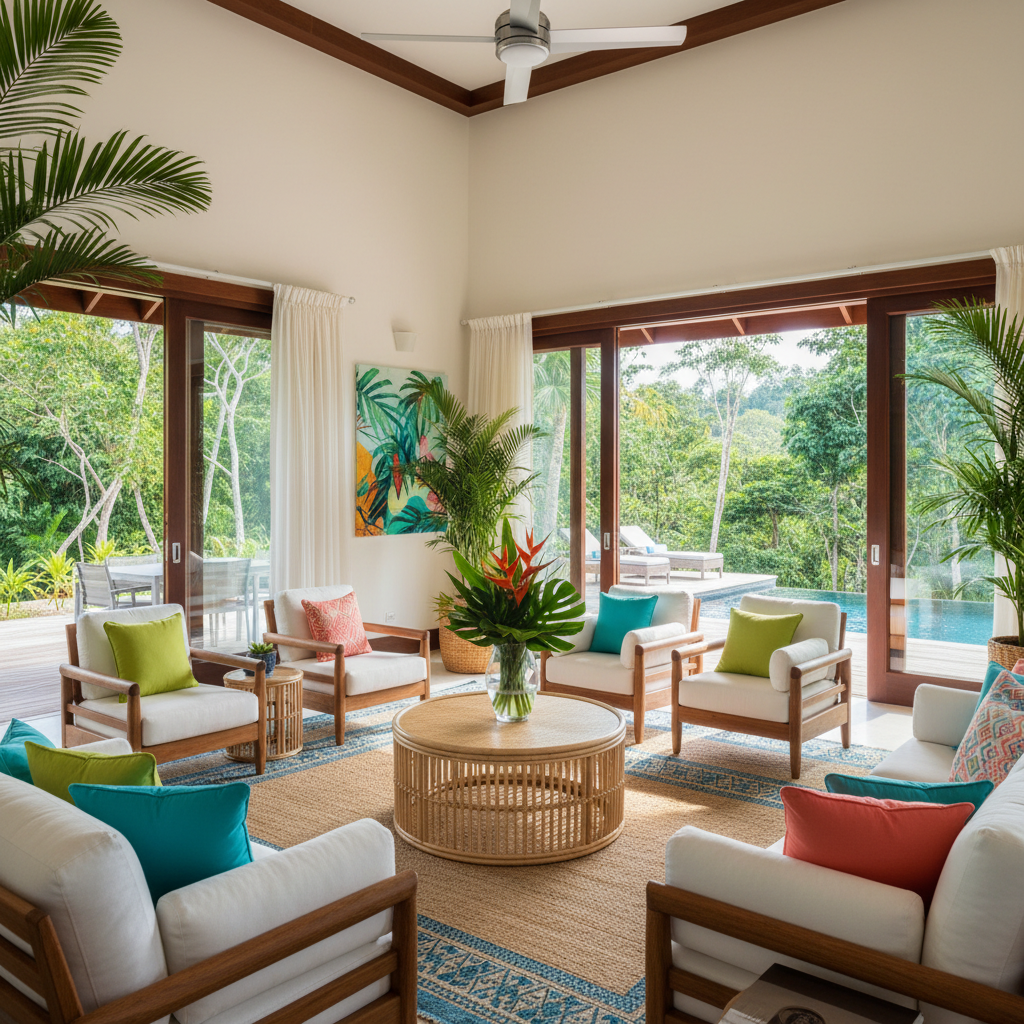 Tropical villa living room with bright decor