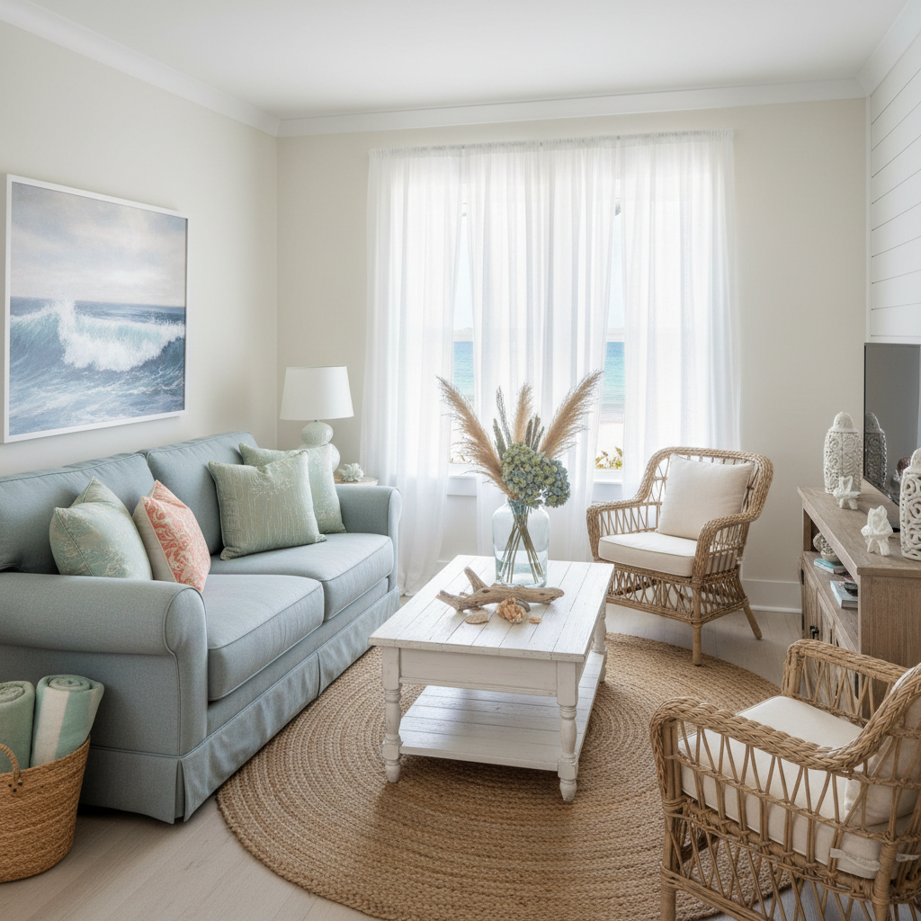 Image of a coastal-themed small living room design with pastel colors and beach-inspired decor.
