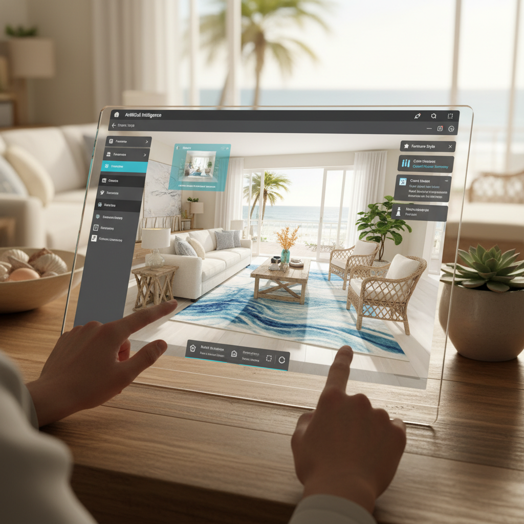 Image representing the process of using AI design software to create a coastal living room layout.