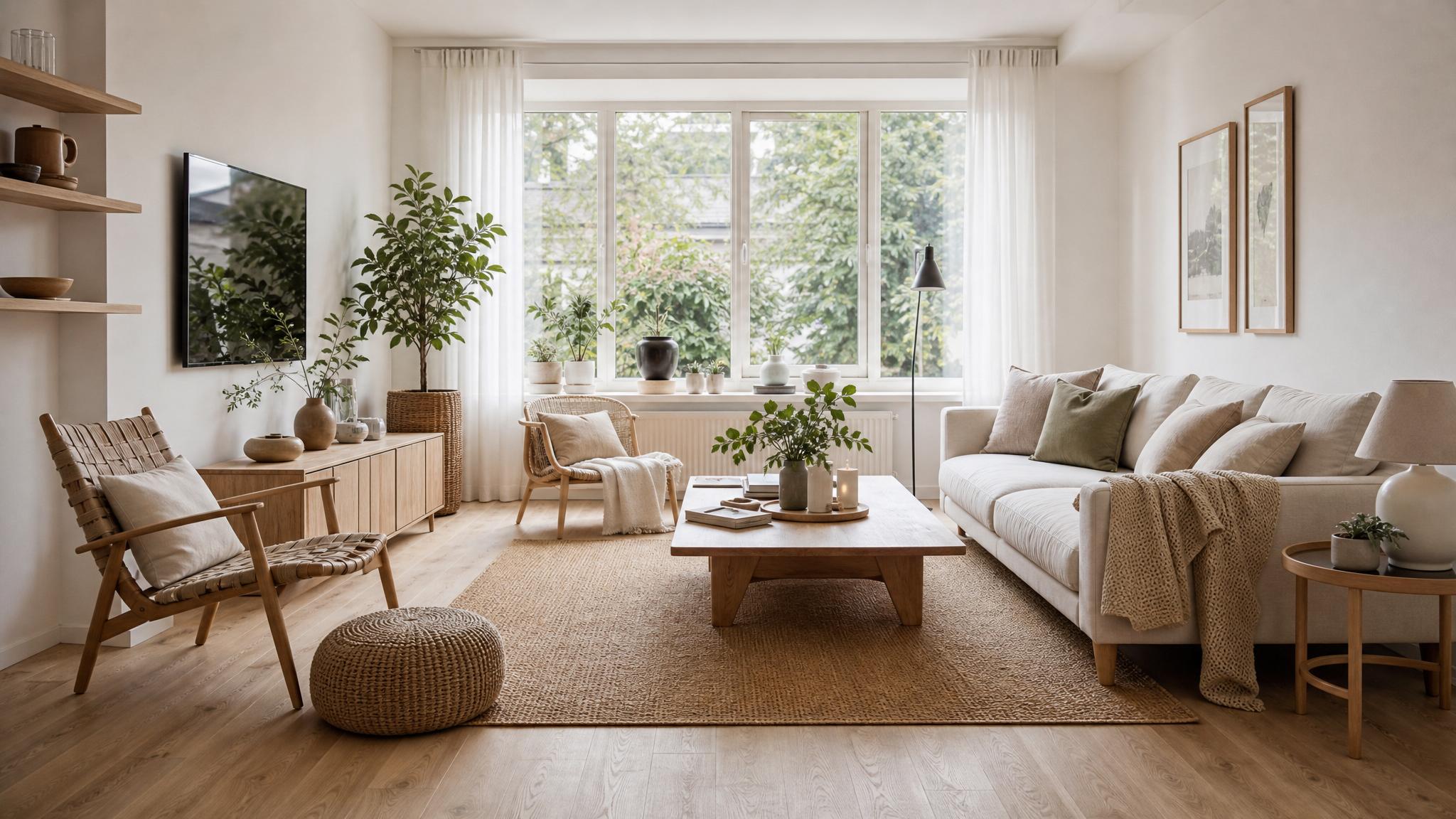 Cozy Scandinavian living room with neutral tones and natural materials.