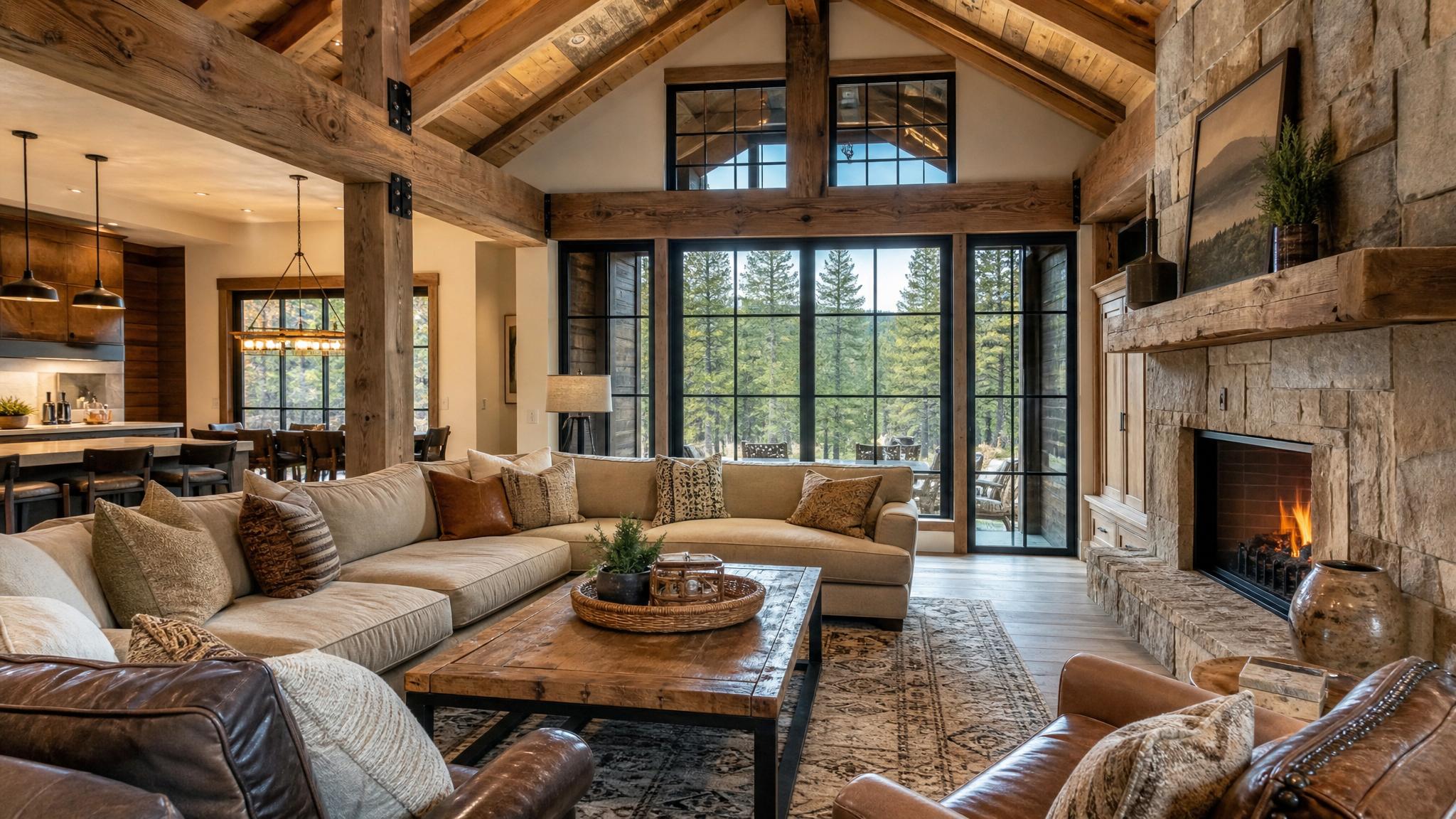 Rustic living room featuring wooden beams and cozy furniture