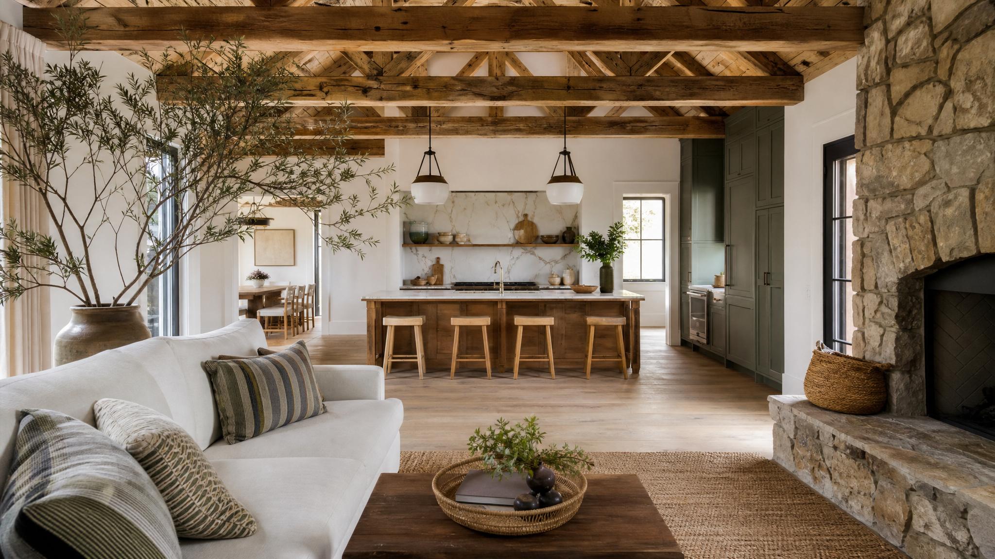 Bright and airy open-plan living space with rustic decor