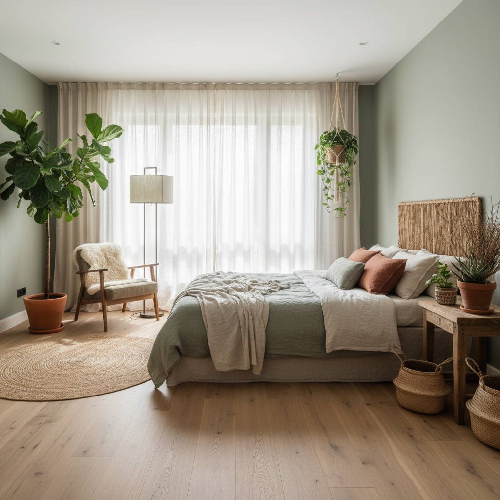 A serene biophilic bedroom with plants, natural light, and organic materials.