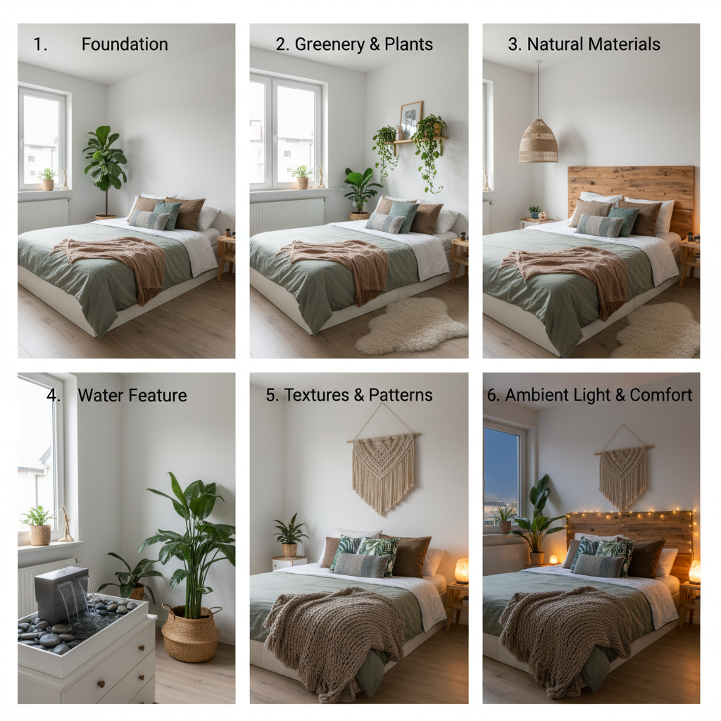 A step-by-step infographic showing the biophilic bedroom design process.
