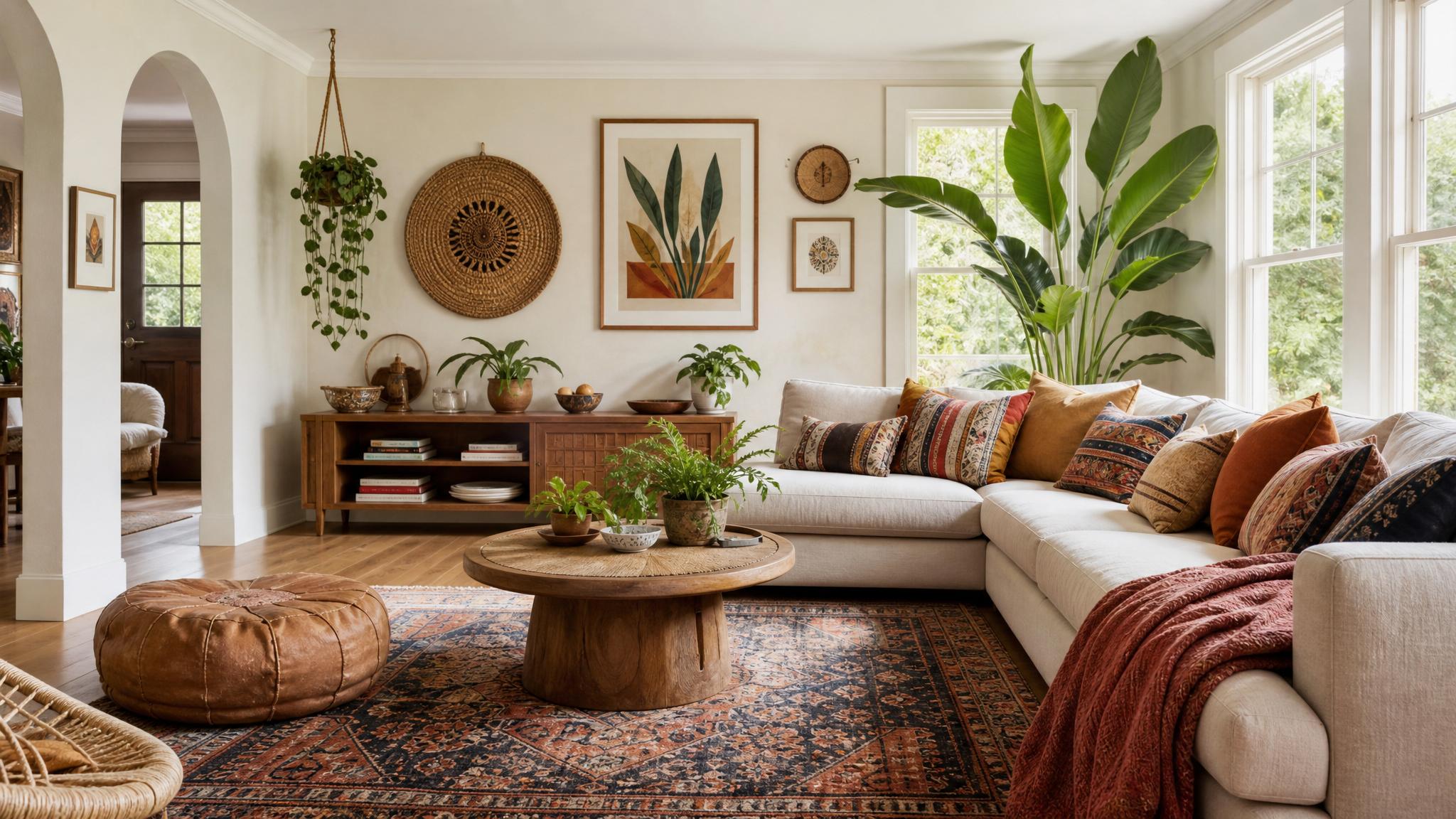A cozy bohemian living room with colorful cushions, plants, and a mix of textures.