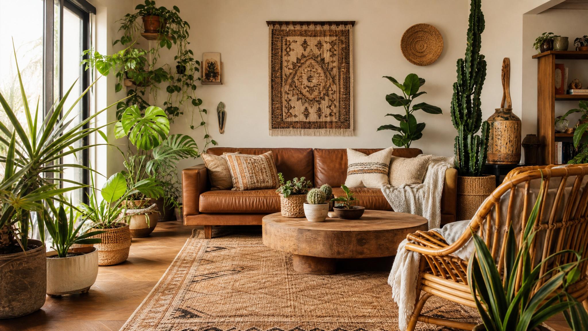 A mix of indoor plants in a bohemian living space.