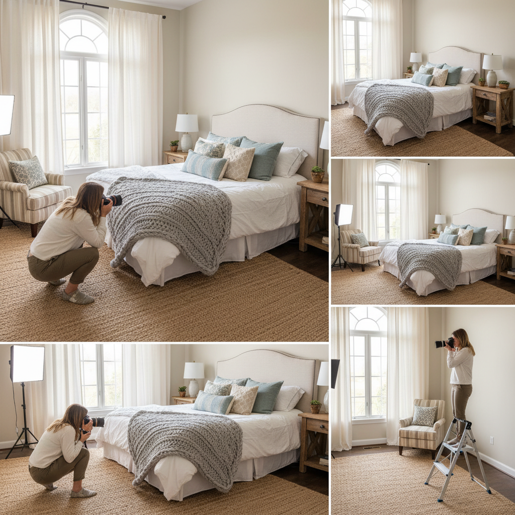 Photographer capturing a guest bedroom from various angles.