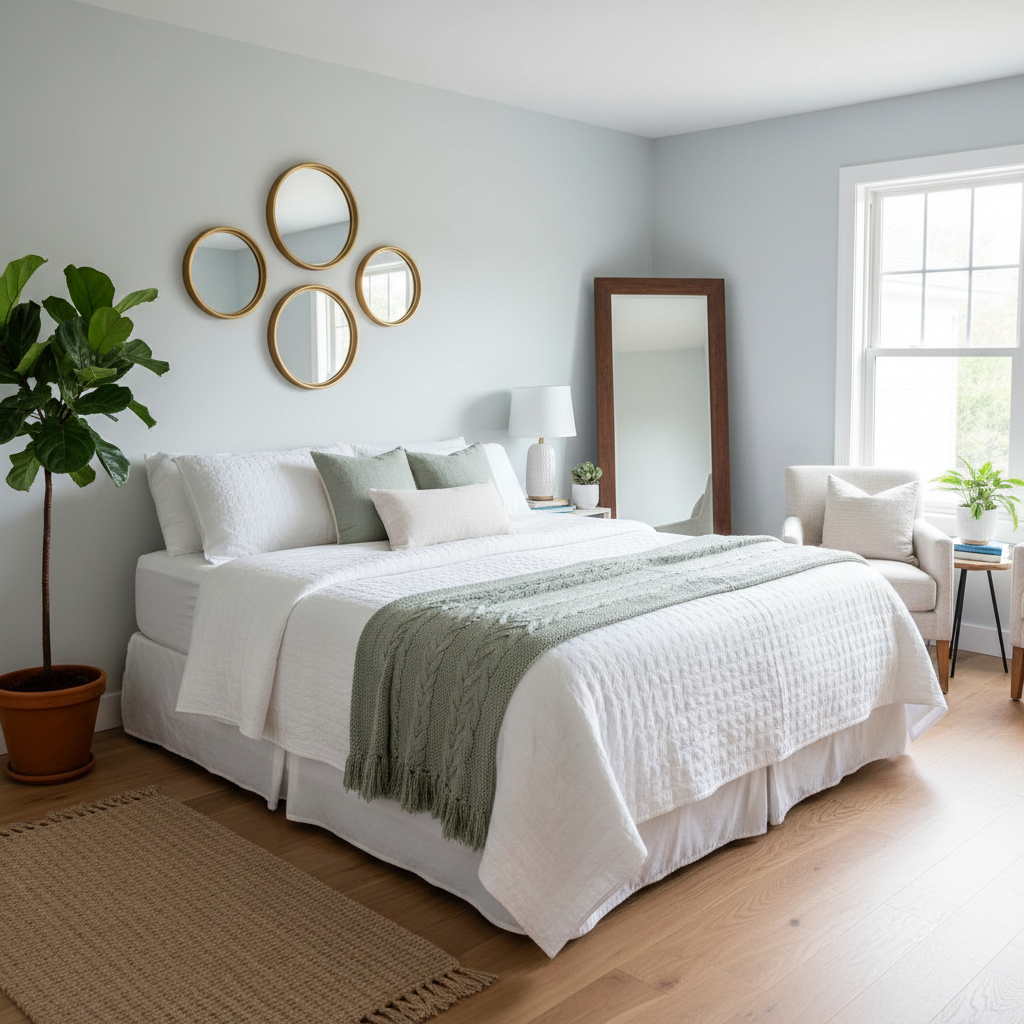 A guest bedroom embellished with a touch of greenery and mirrors.