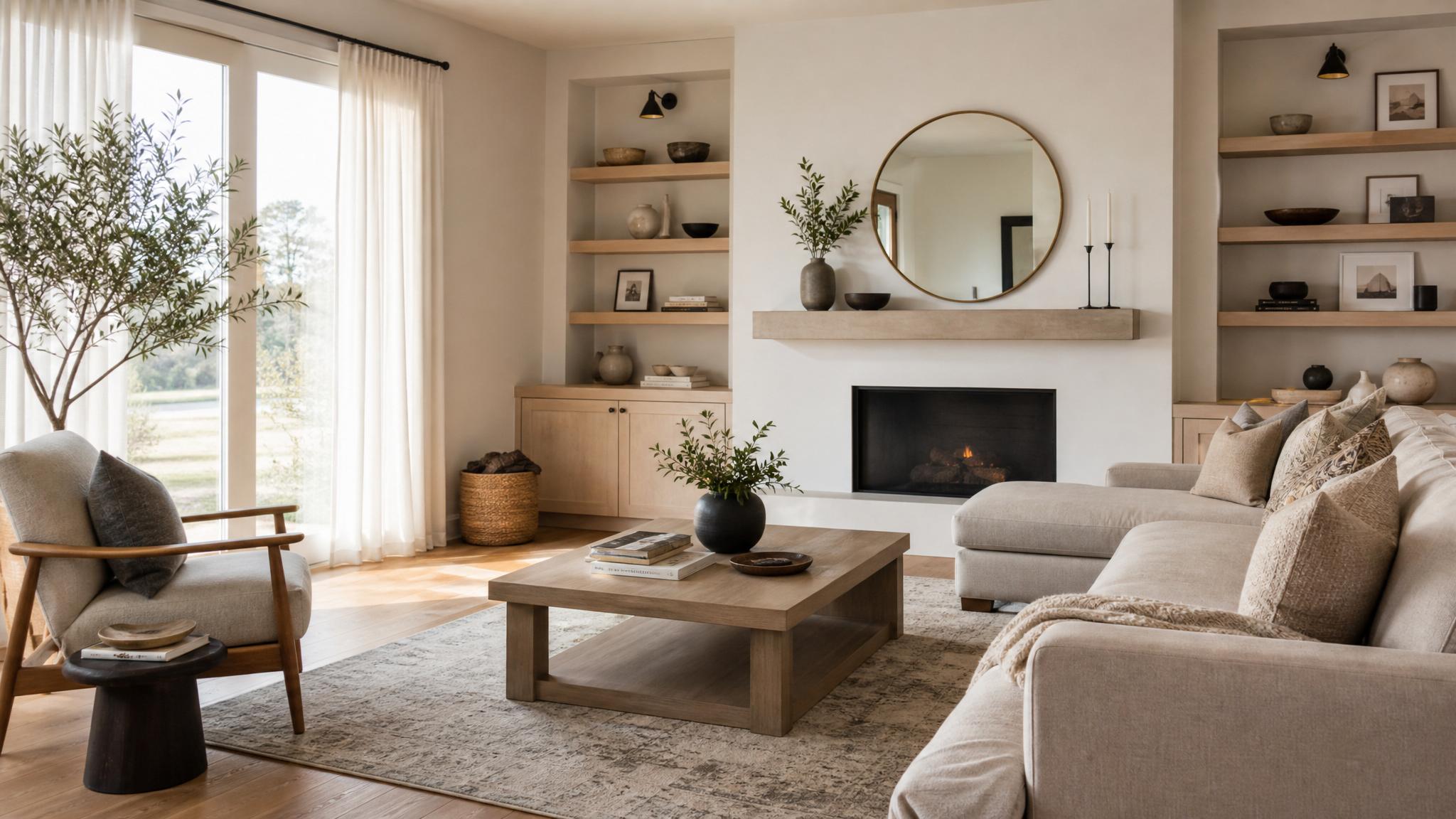 A beautifully staged living room with neutral colors and modern decor