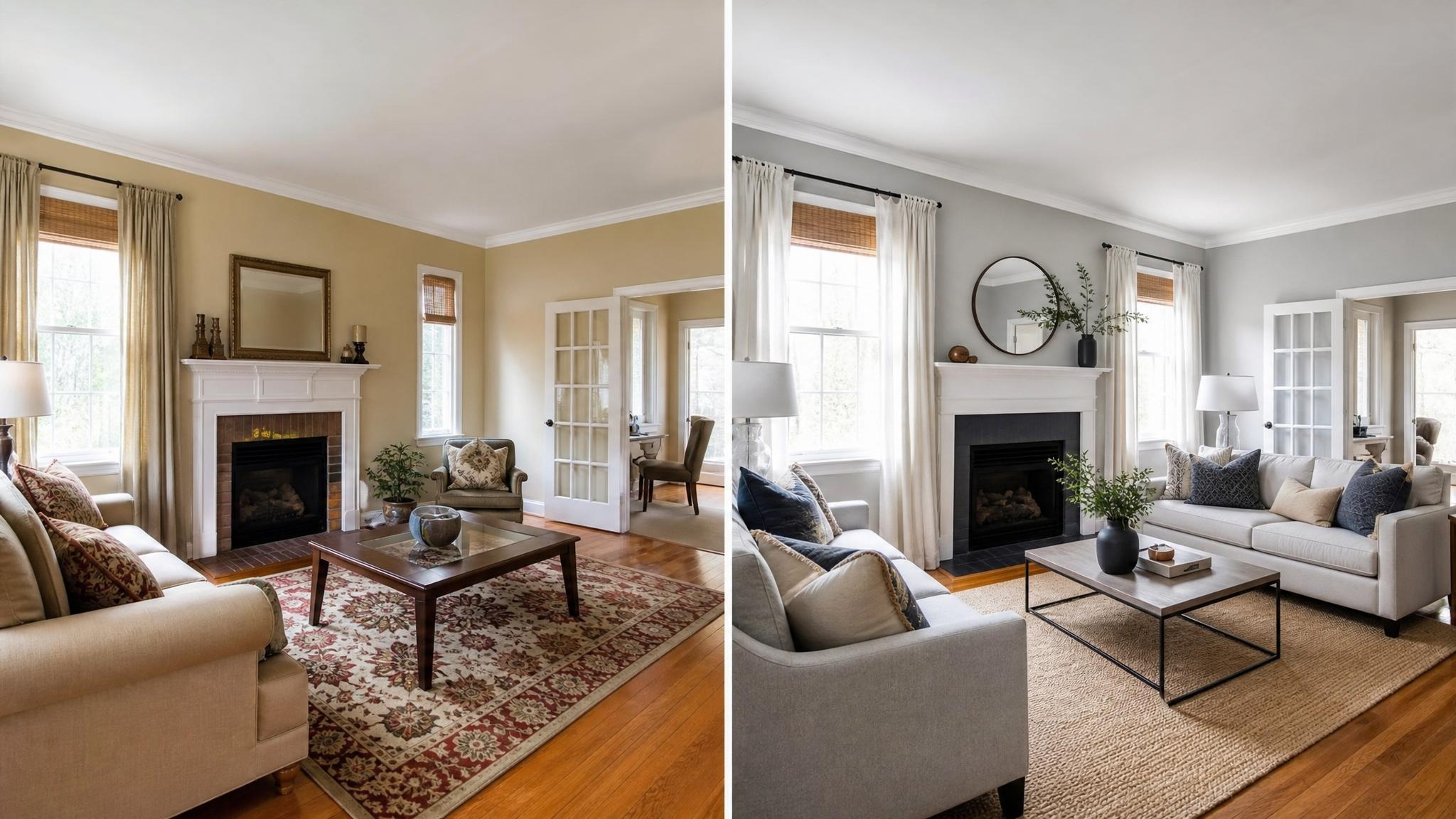 Before and after images of a living room with new paint