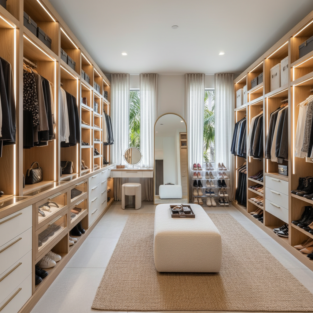 Visual representation of a modern California walk-in closet design