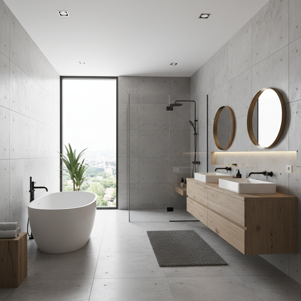 AI-generated modern bathroom layout with fixtures