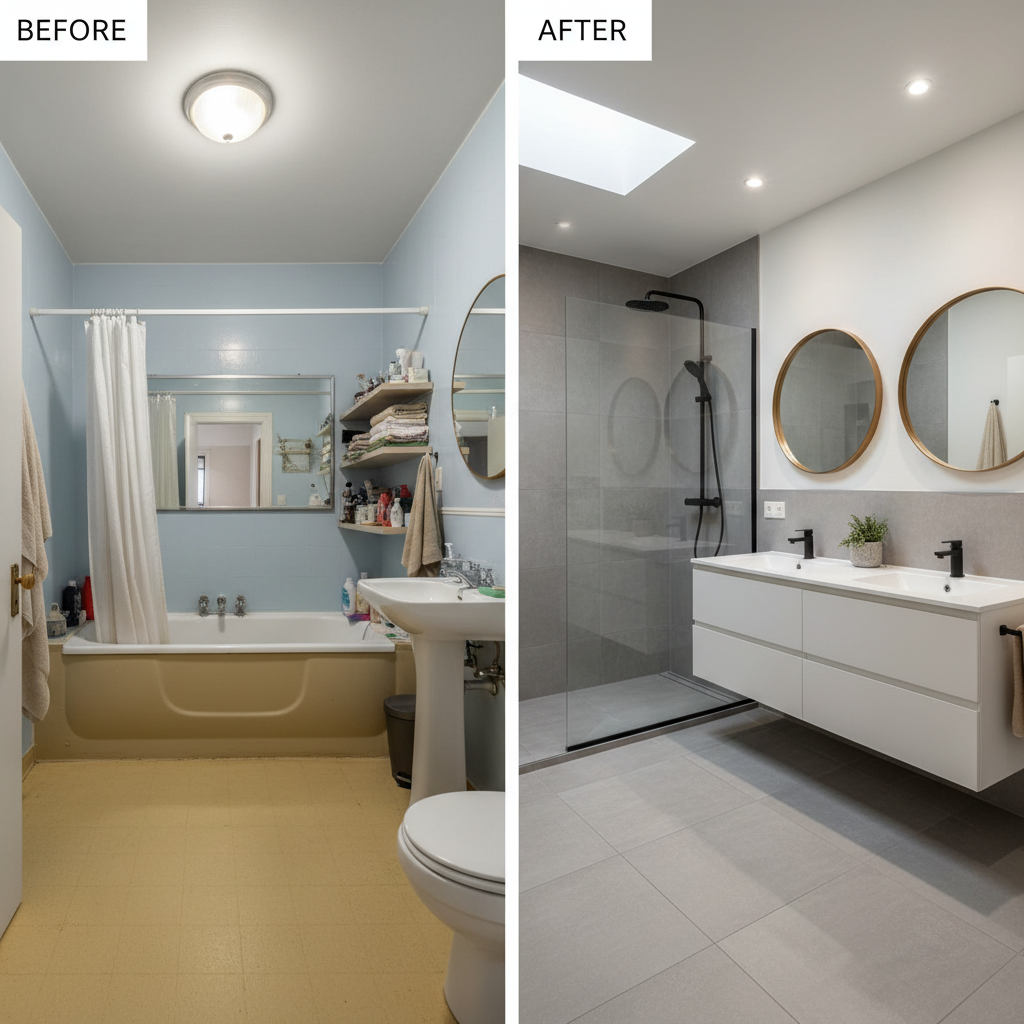 Before and after AI interior design transformation of a bathroom