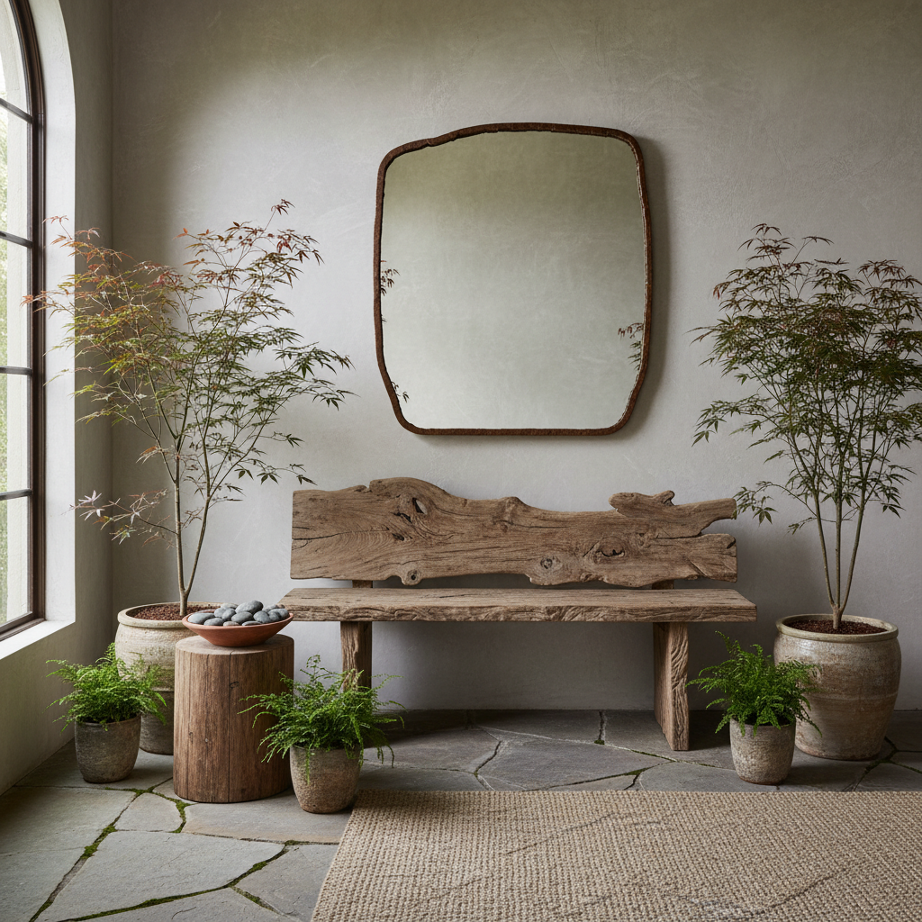 A beautifully designed entryway featuring wabi-sabi elements such as rough wood, natural light, and greenery.