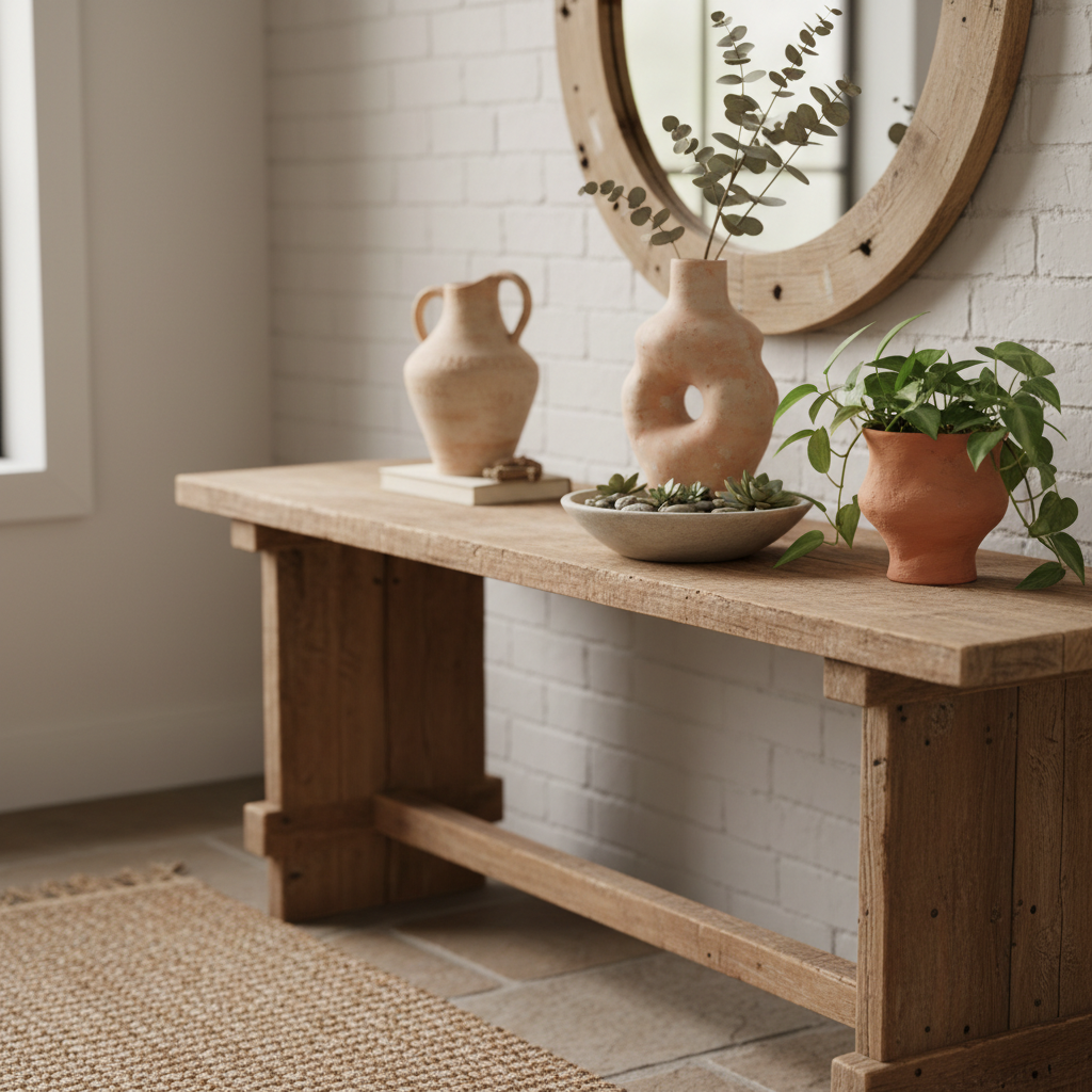 A close-up of a rustic entryway decor featuring handmade ceramics and plants to embody rustic charm.