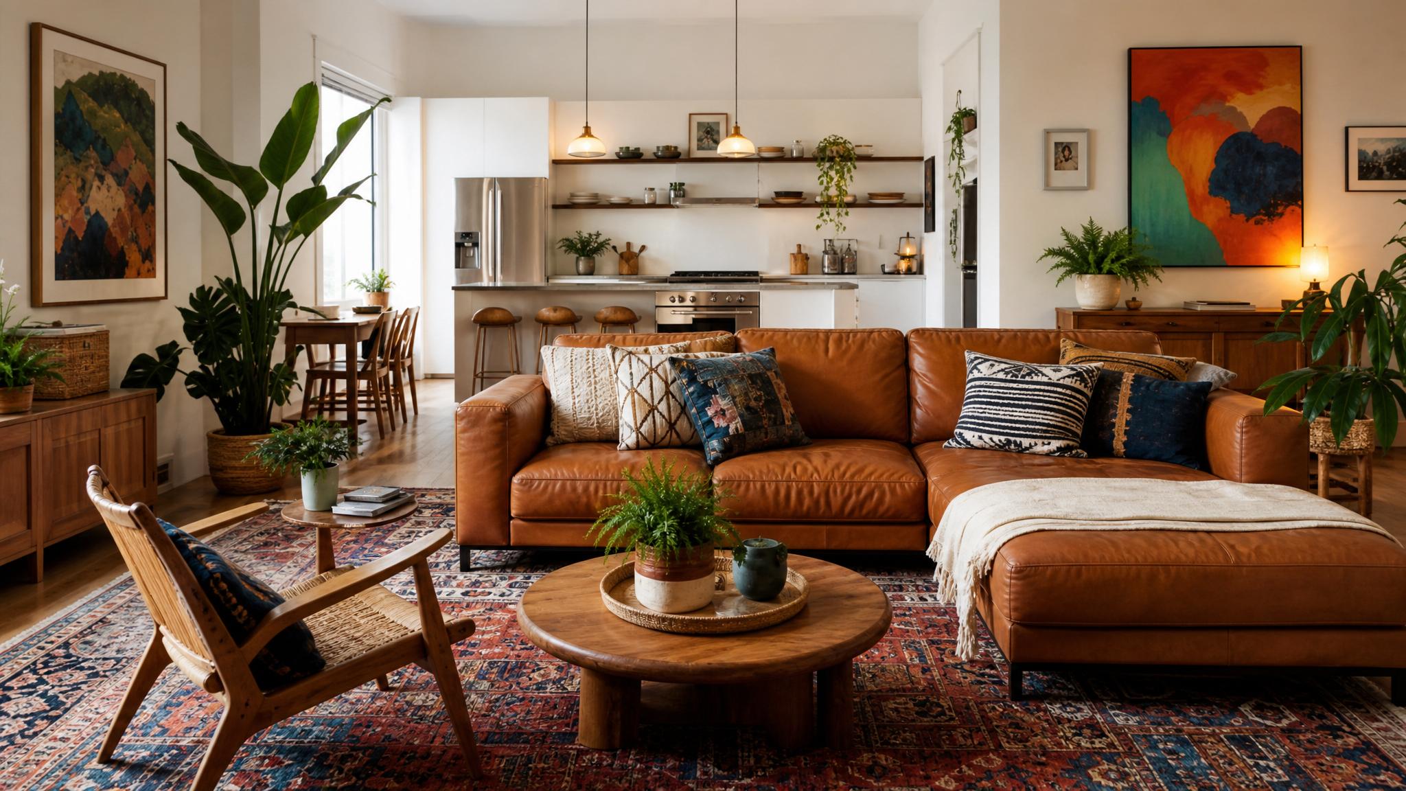 A chic bohemian open-plan living room featuring colorful textiles, plants, and art.