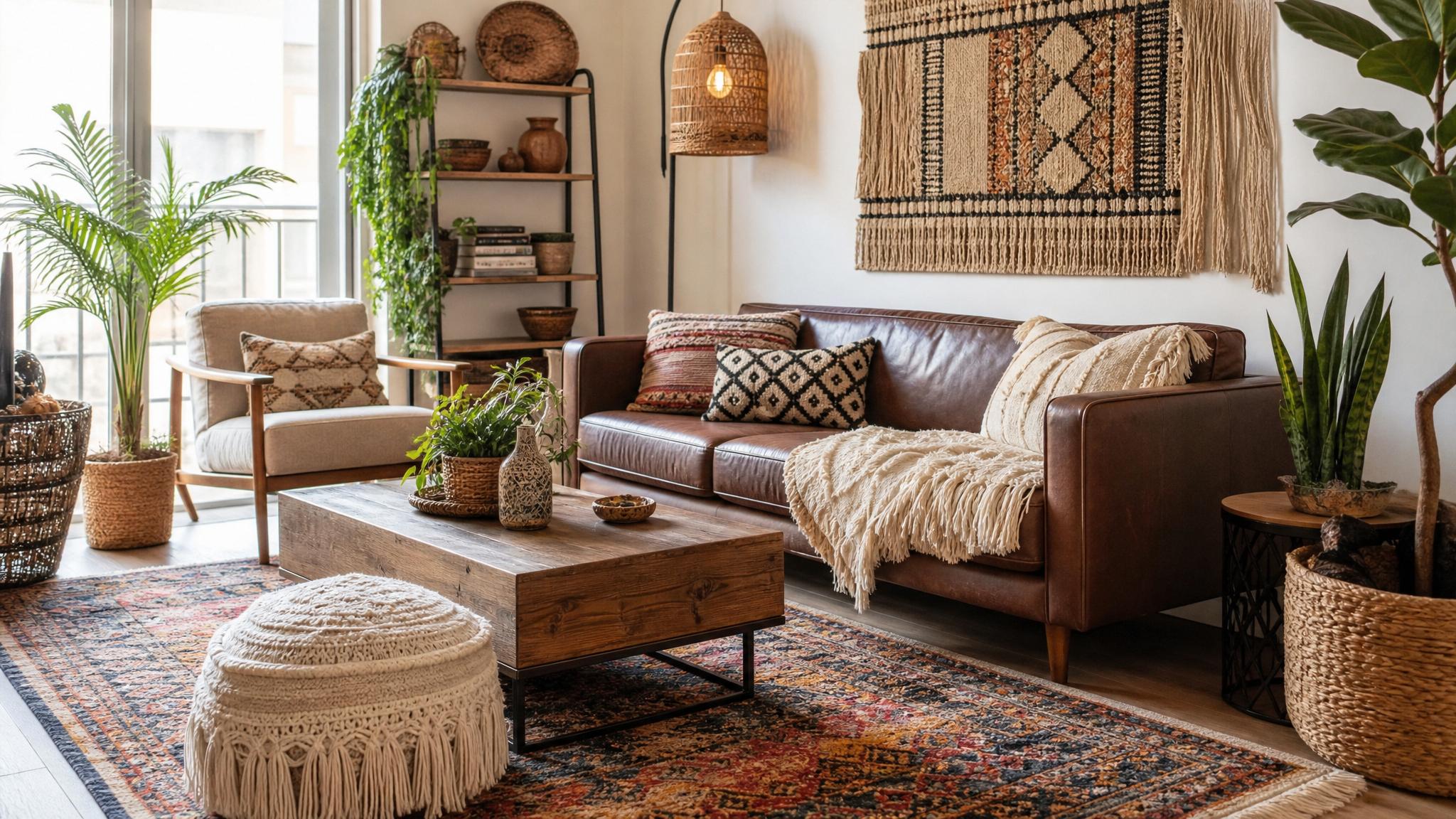 Different textiles and patterns used for bohemian decor in a living room.